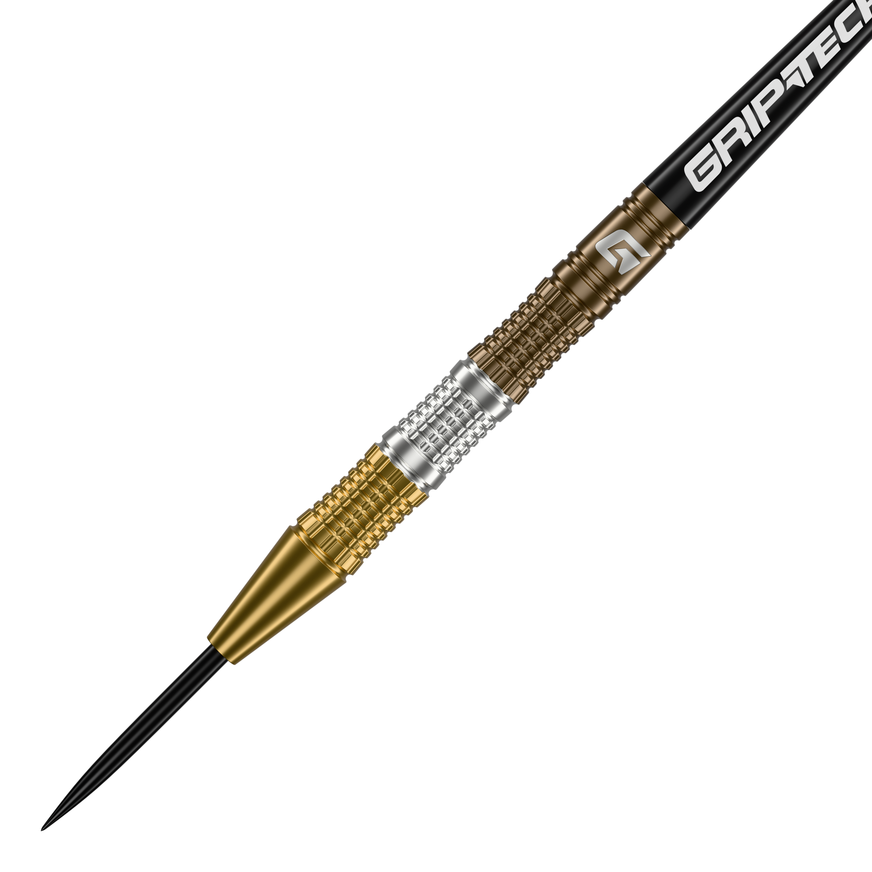 GOAT Ceremony Tungsten Steel Darts Dies ist ein GOAT Ceremony Tungsten Steeldart mit einem goldenen und silbernen Griffbereich. Auf dem Schaft steht das Wort "GRIPTECH".