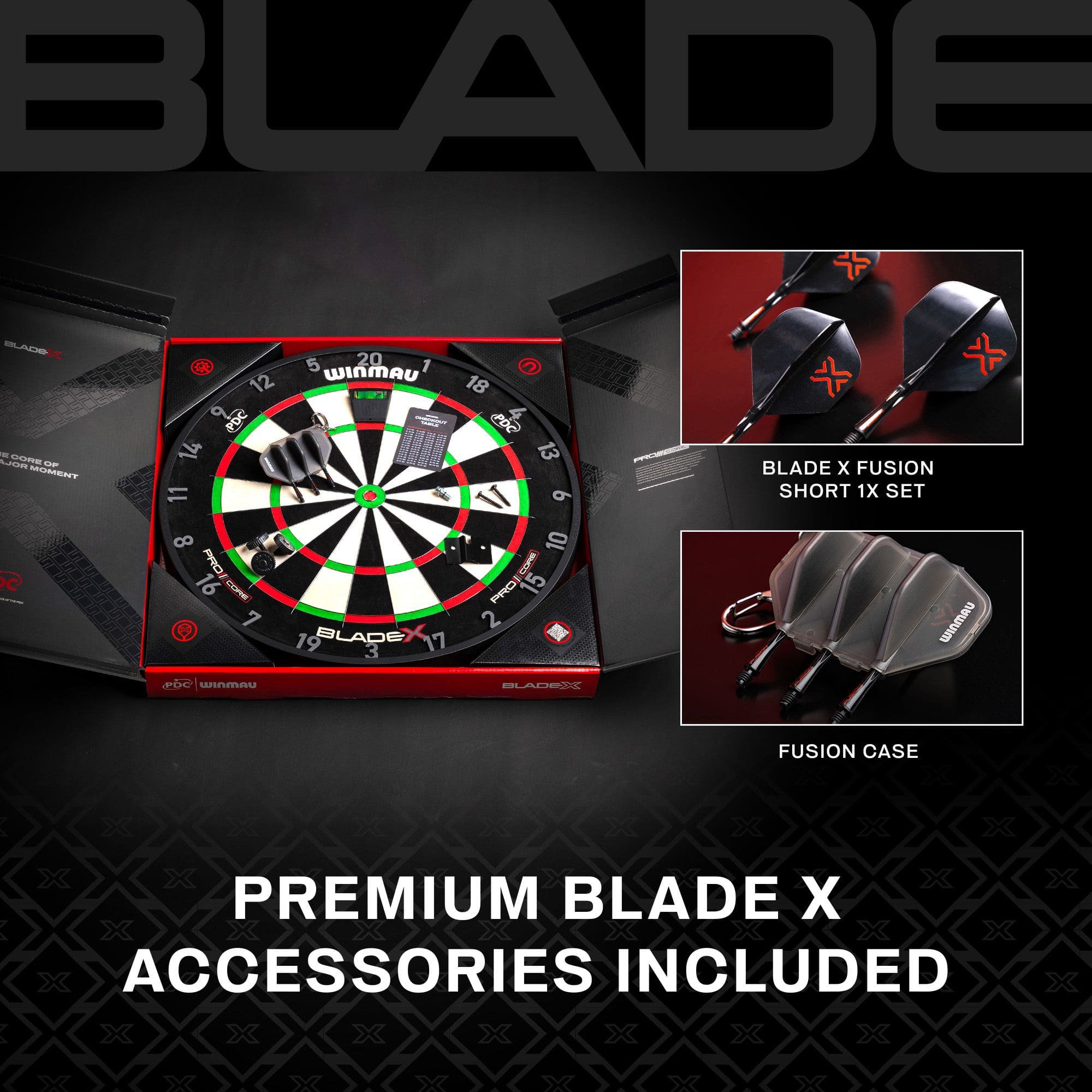 Winmau Blade X ProCore steel dartboard Das Bild zeigt eine Detailaufnahme des Winmau Blade X ProCore Steeldartboards. Es hebt die Besonderheiten der Scheibe hervor.