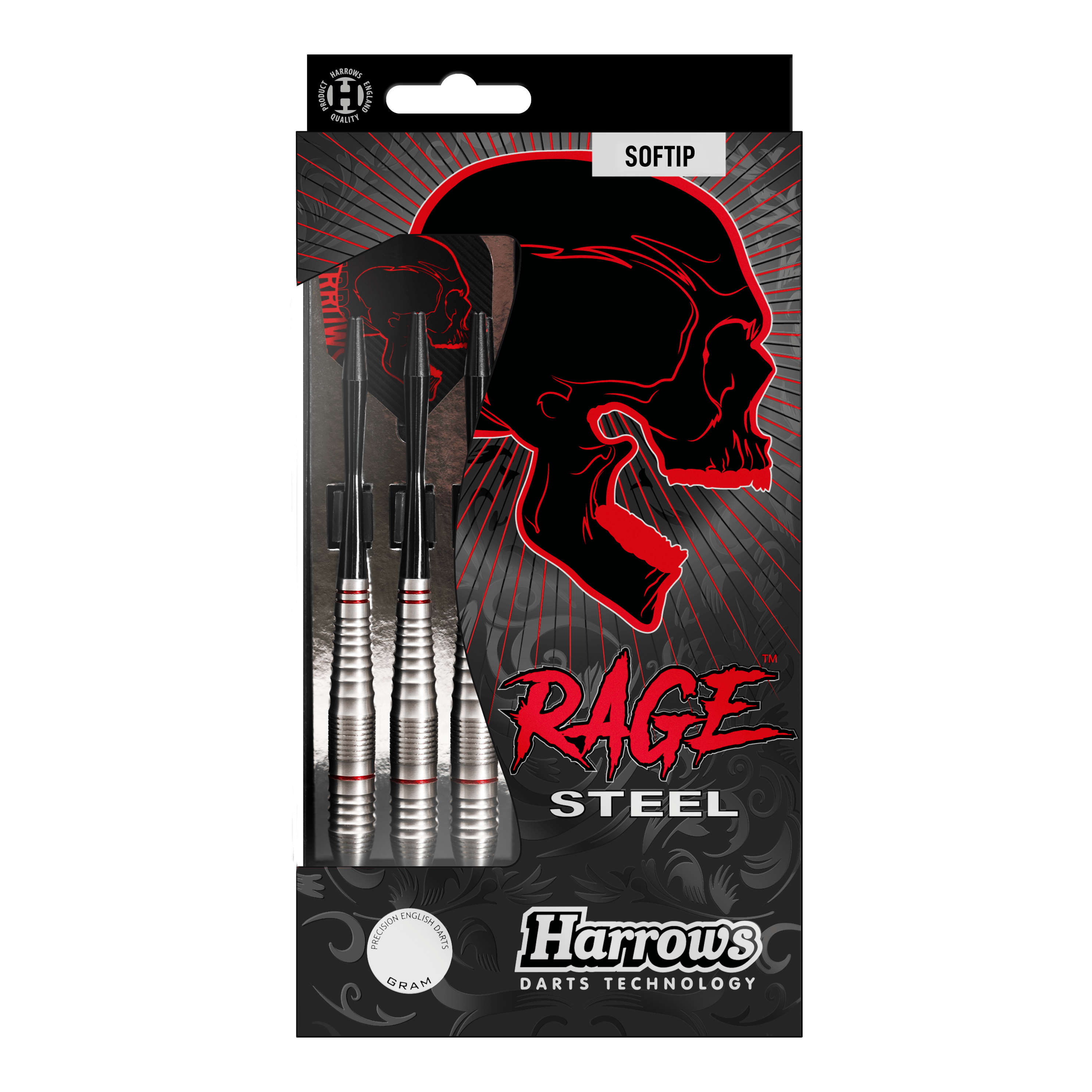 Harrows Rage Softdarts Das Bild zeigt eine Packung Harrows Rage Softdarts mit drei silbernen Darts. Auf der Verpackung ist ein roter Totenkopf und der Schriftzug "Rage" auffällig zu sehen.