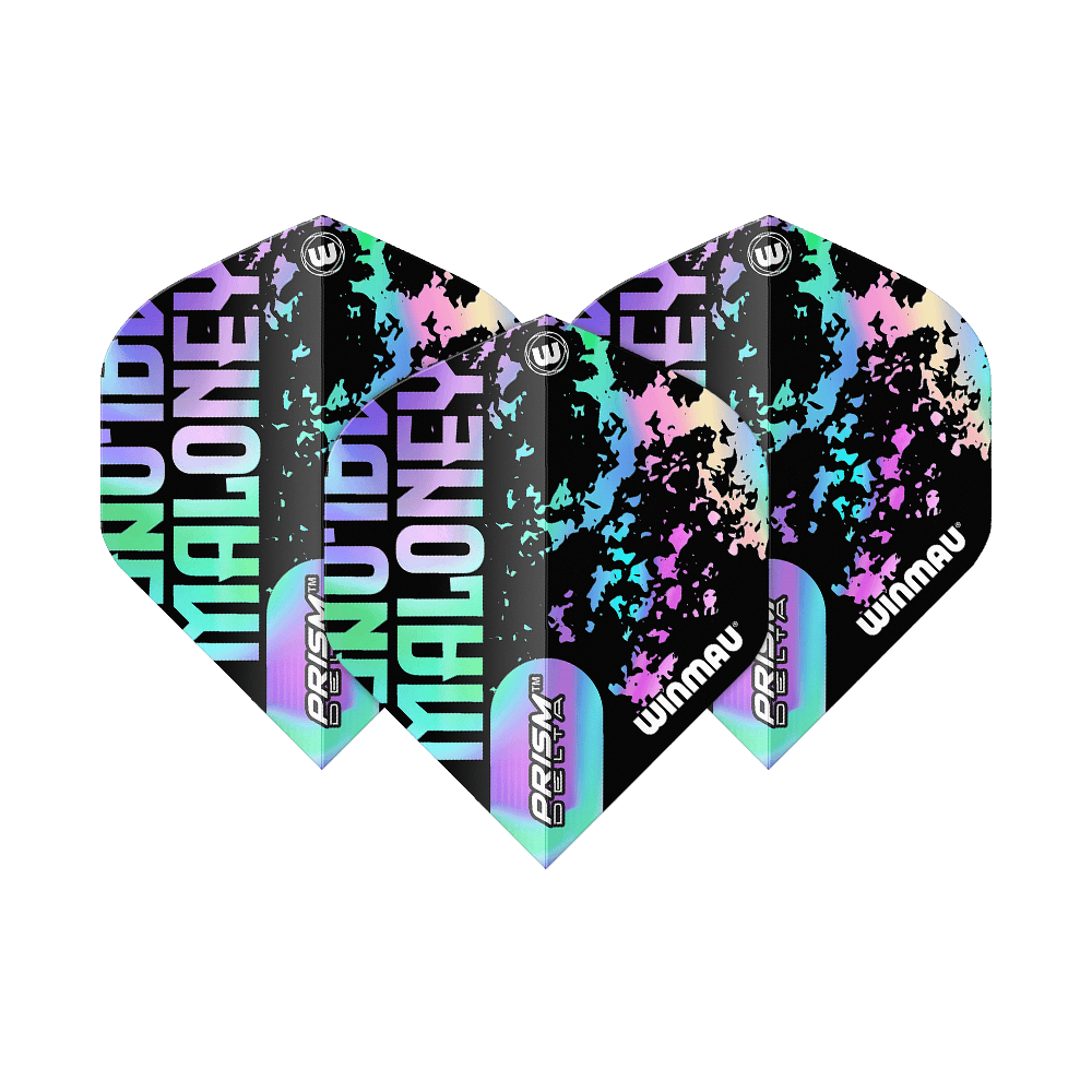 Winmau Prism Delta Mike Maloney Standard Flights Das Bild zeigt die Winmau Prism Delta Mike Maloney Standard Flights. Sie sind mit bunten, auffälligen Farben und dem Namen „Maloney“ bedruckt.