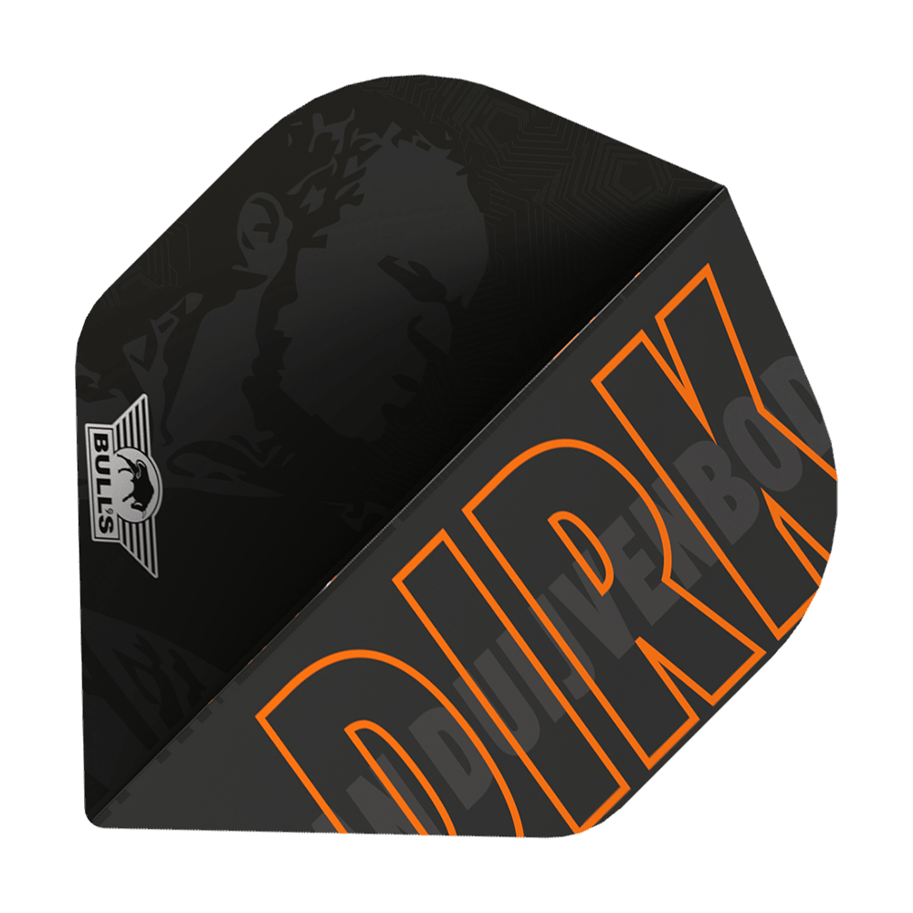Bulls NL Player 100 Dirk Van Duijvenbode No2 Standard Flights Das Bild zeigt ein schwarzes Dartflight mit dem Namen "DIRK" in großen orangefarbenen Buchstaben. In der Ecke ist das Bulls-Logo zu sehen und im Hintergrund ist ein Porträt schattiert dargestellt.