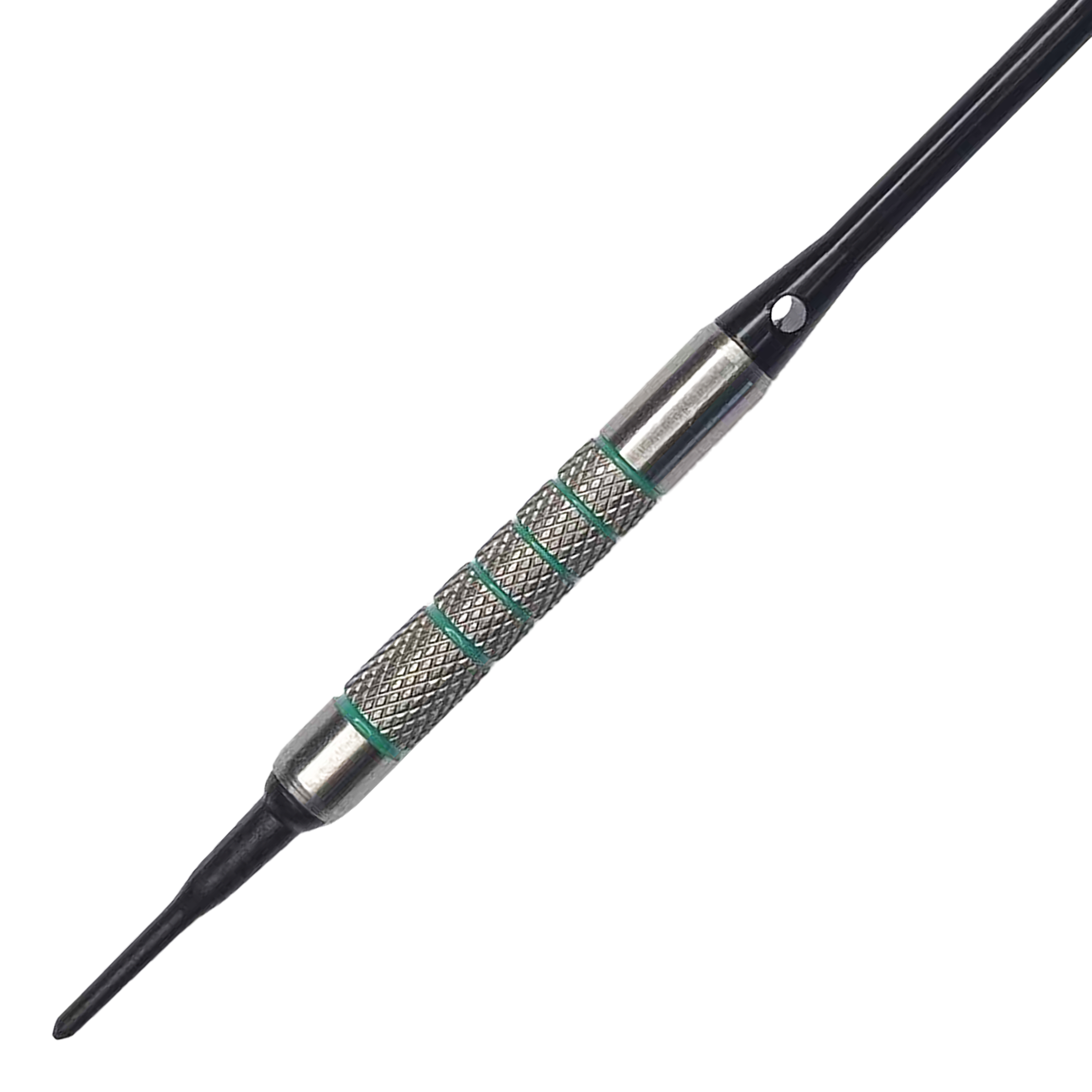 McDart 85 Tungsten V7 soft darts - 16.5g Das Bild zeigt einen McDart 85er Tungsten V7 Softdart mit einem Gewicht von 16,5g. Der Dart hat eine strukturierte silberne Griffzone mit grünen Akzenten und einer schwarzen Kunststoffspitze.