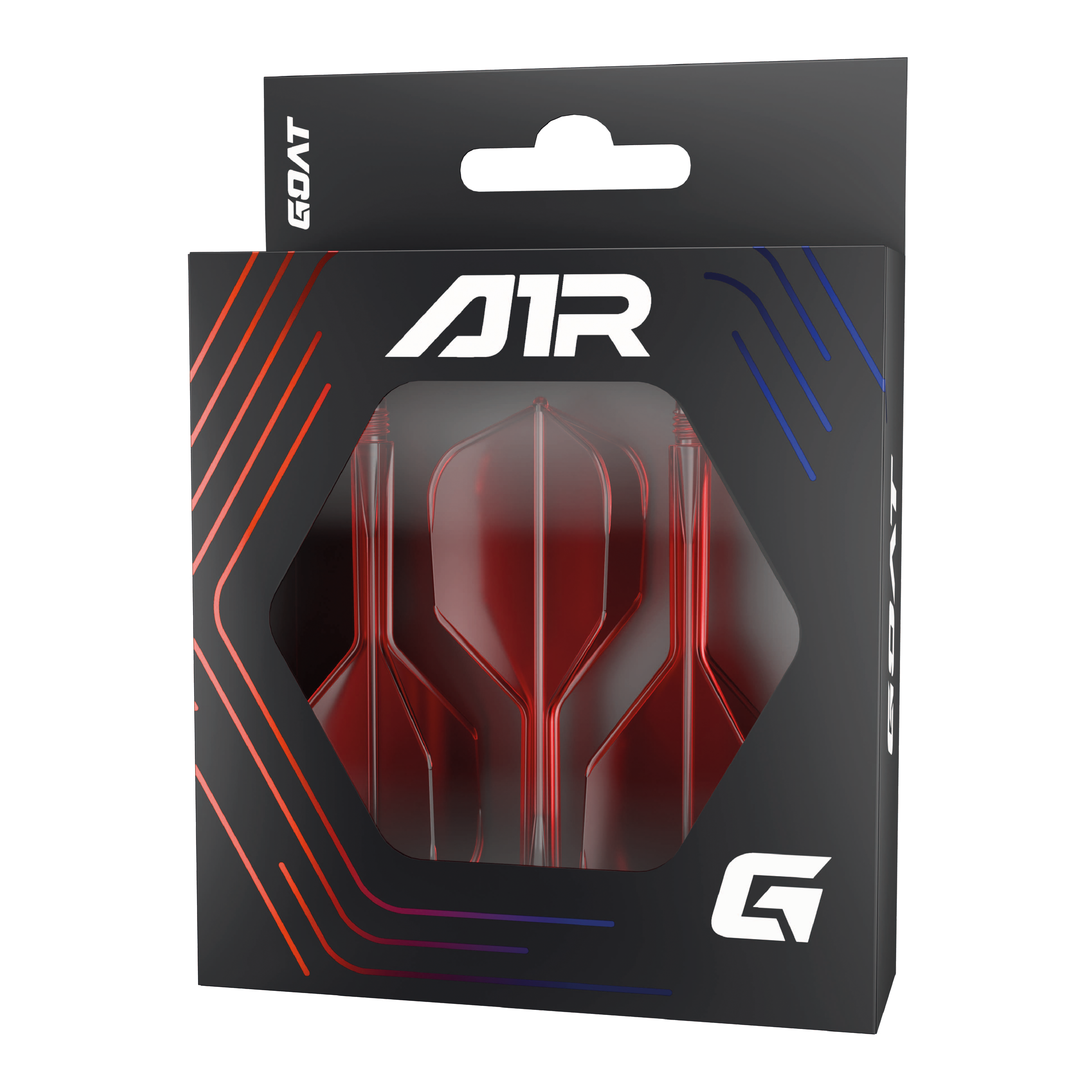 GOAT A1R No6 Flight Shaft System - Red Die Abbildung zeigt das Produkt "GOAT A1R No6 Flight-Shaft-System – Rot" in seiner Verpackung. Im Sichtfenster der Schachtel sind drei rote Dart-Flights und -Schäfte zu sehen.