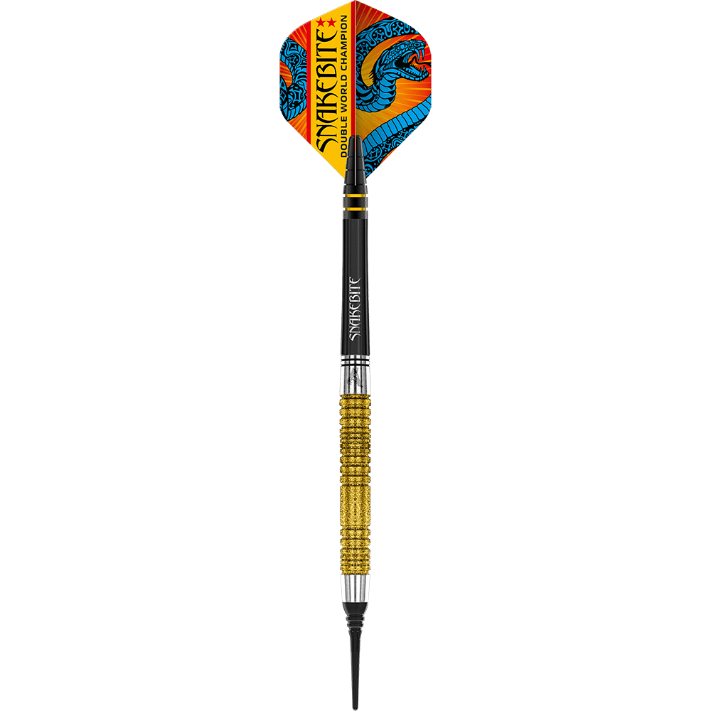 Das Bild zeigt einen Softdart mit goldfarbenem Griff und bunter Spitze. Auf dem Flight steht "Snakebite Double World Champion" und es ist ein blauer Drache abgebildet.