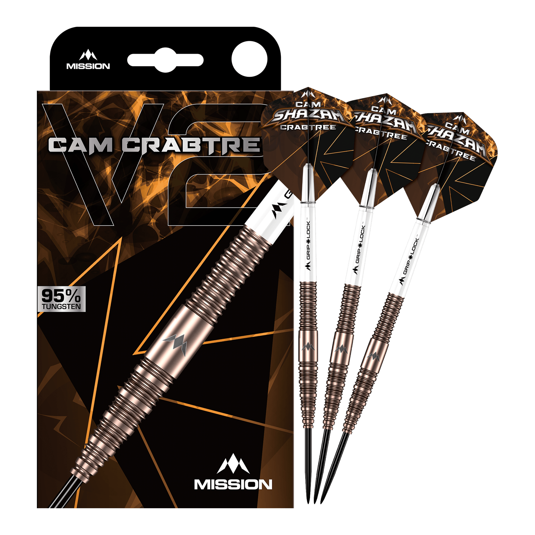 Das Bild zeigt die Mission Cam Crabtree V2 Steeldarts in voller Ansicht. Es handelt sich um ein Set von Steeldarts, präsentiert von vorne.