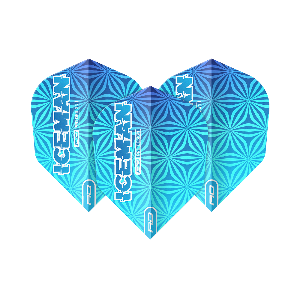 Red Dragon Gerwyn Price Iceman Blue No6 Flights Das Bild zeigt drei blaue Dart-Flights mit geometrischem Muster und der Aufschrift "ICEMAN". Die Flights tragen das Logo "Red Dragon" und sind das Modell "Gerwyn Price Iceman Blue No6".