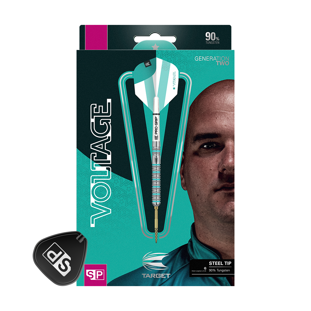 190095_Target_Rob_Cross_GEN2_Swiss_Point_Steeldarts_3 Auf dem Bild ist die Verpackung der Target Rob Cross GEN2 Swiss Point Steeldarts zu sehen. Die Verpackung zeigt einen einzelnen Dartpfeil sowie das Gesicht einer Person im Hintergrund.