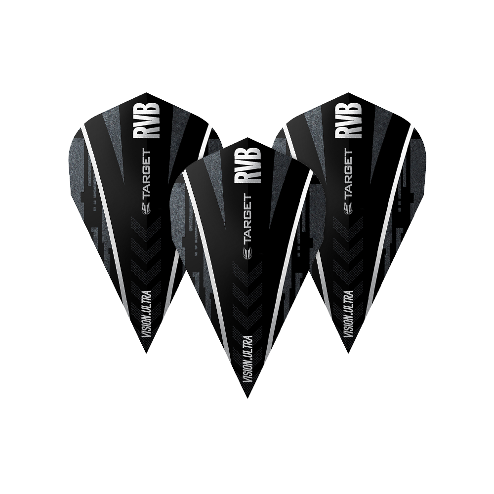 Das Bild zeigt drei Dart-Flights des Modells "Target Ultra Ghost RvB Vapor Flights". Sie sind schwarz mit weißen und grauen Akzenten sowie dem Schriftzug "RVB" und "TARGET".
