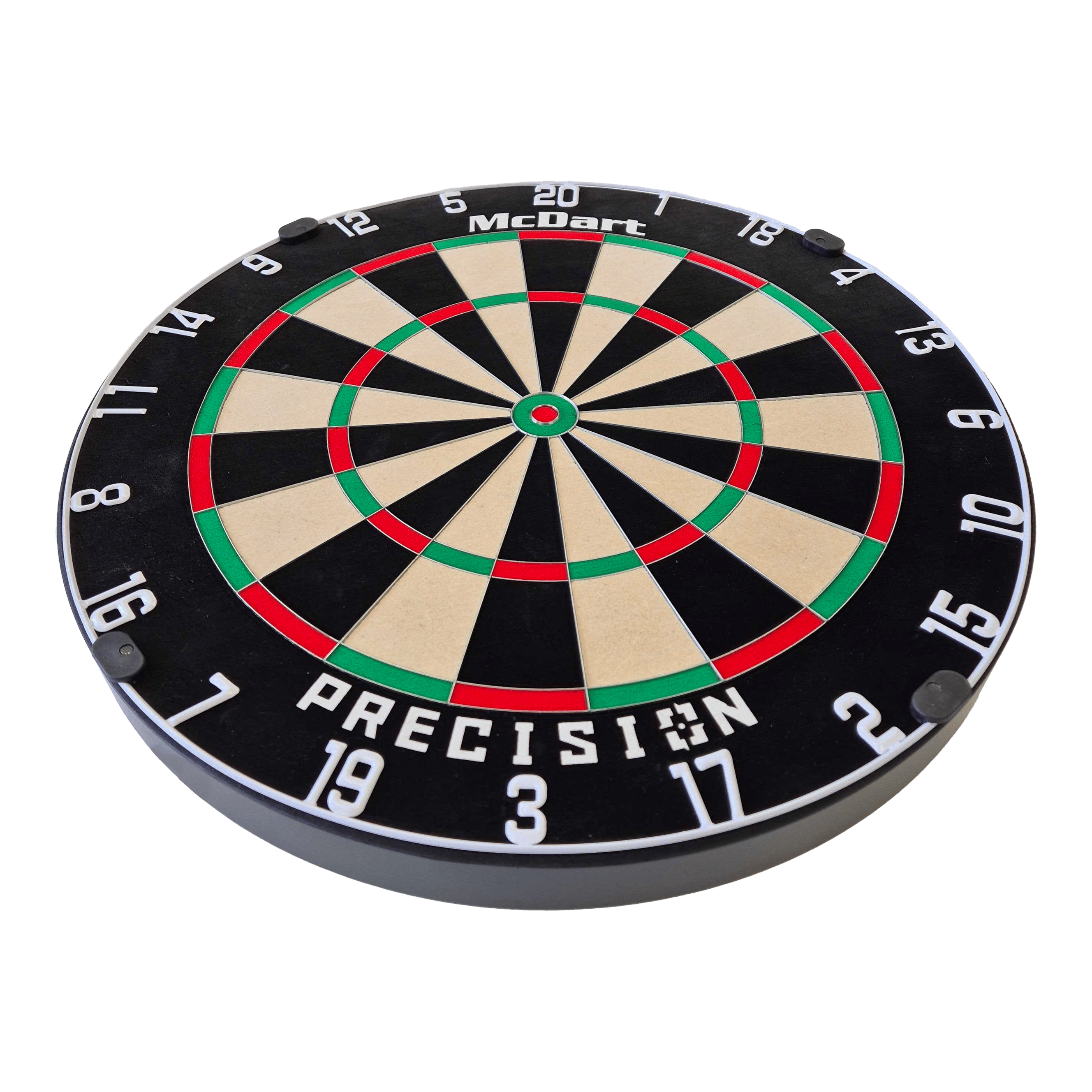 McDart Precision steel dartboard Dies ist ein McDart Precision Steeldartboard. Die Scheibe hat ein klassisches Design mit klarer Nummerierung und farbigen Markierungen.