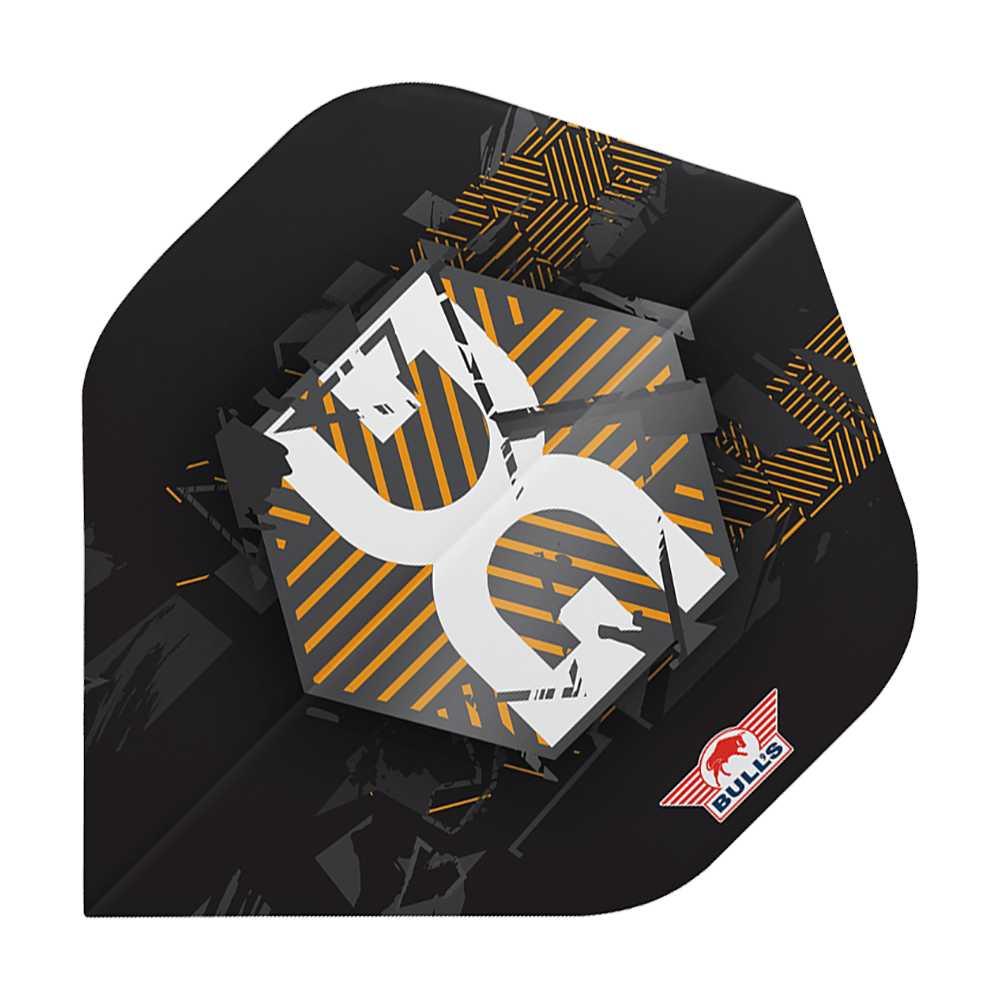 BU50920_BullsNL_Player_100_Martijn_Kleermaker_90_No2_Standard_Flights_1 Das Bild zeigt ein Dart-Flight mit einem modernen, schwarzen Design und gelben sowie weißen Akzenten. In der Ecke ist das rote Bulls-Logo zu sehen.