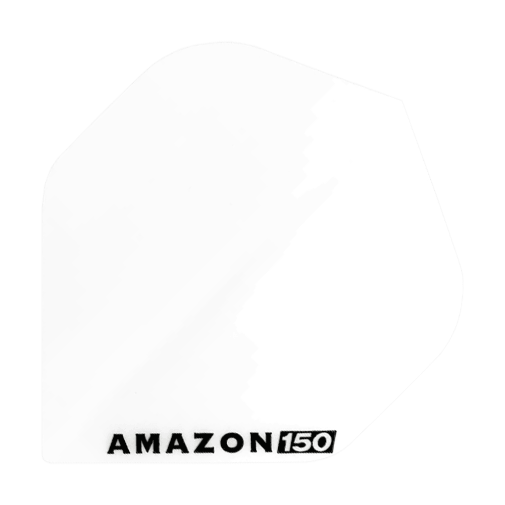 Amazon 150 Flights - White Das Bild zeigt ein weißes Dartflight mit der Aufschrift "AMAZON 150" in schwarzer Farbe. Das Flight hat eine klassische, schlichte Form und ist komplett einfarbig.