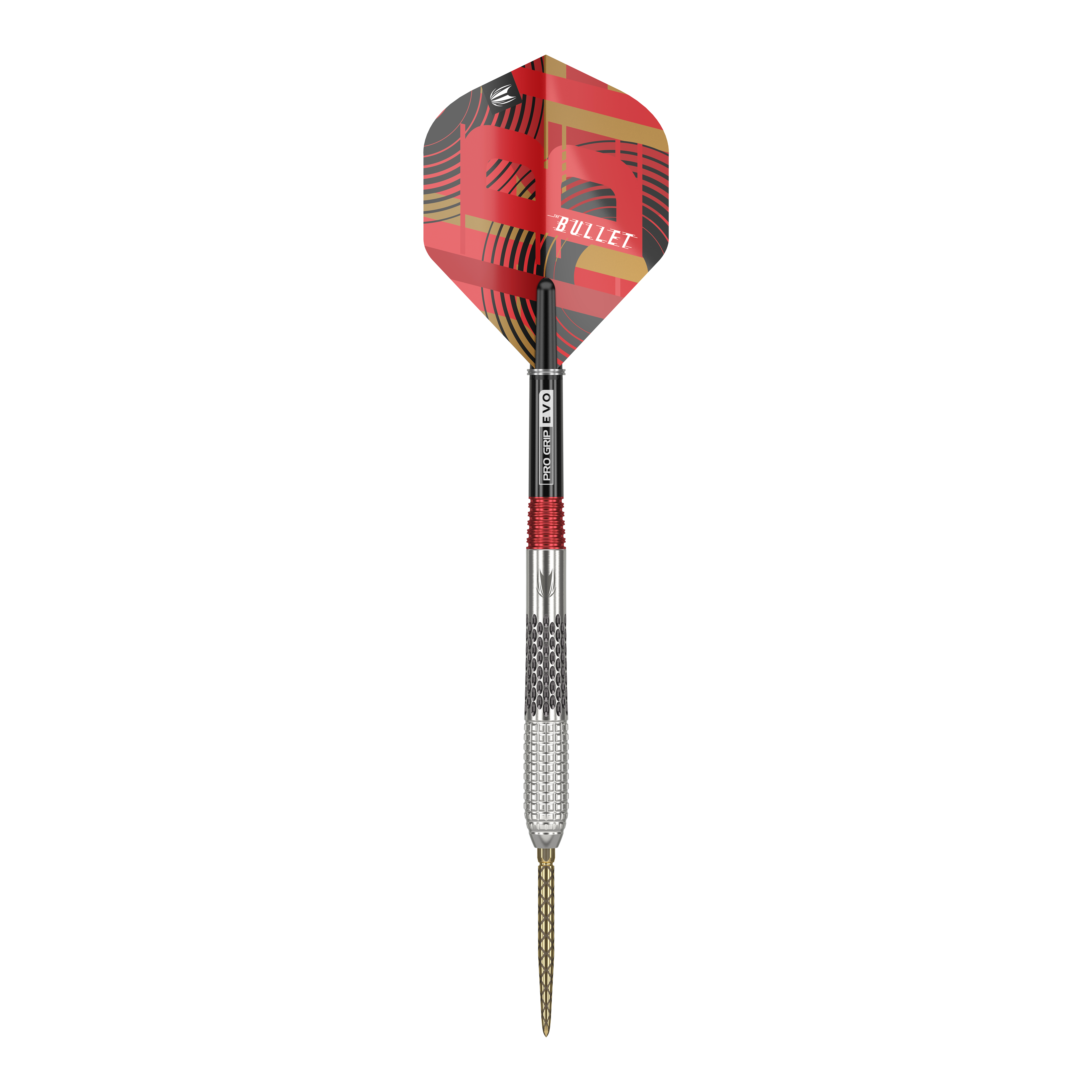 Target Stephen Bunting GEN5 Swiss Point Steel Darts Auf dem Bild ist ein Steeldartpfeil mit einer silbernen Spitze und einem rot-schwarzen Schaft zu sehen. Die Dartflügel sind rot gemustert und tragen die Aufschrift "BULLET".