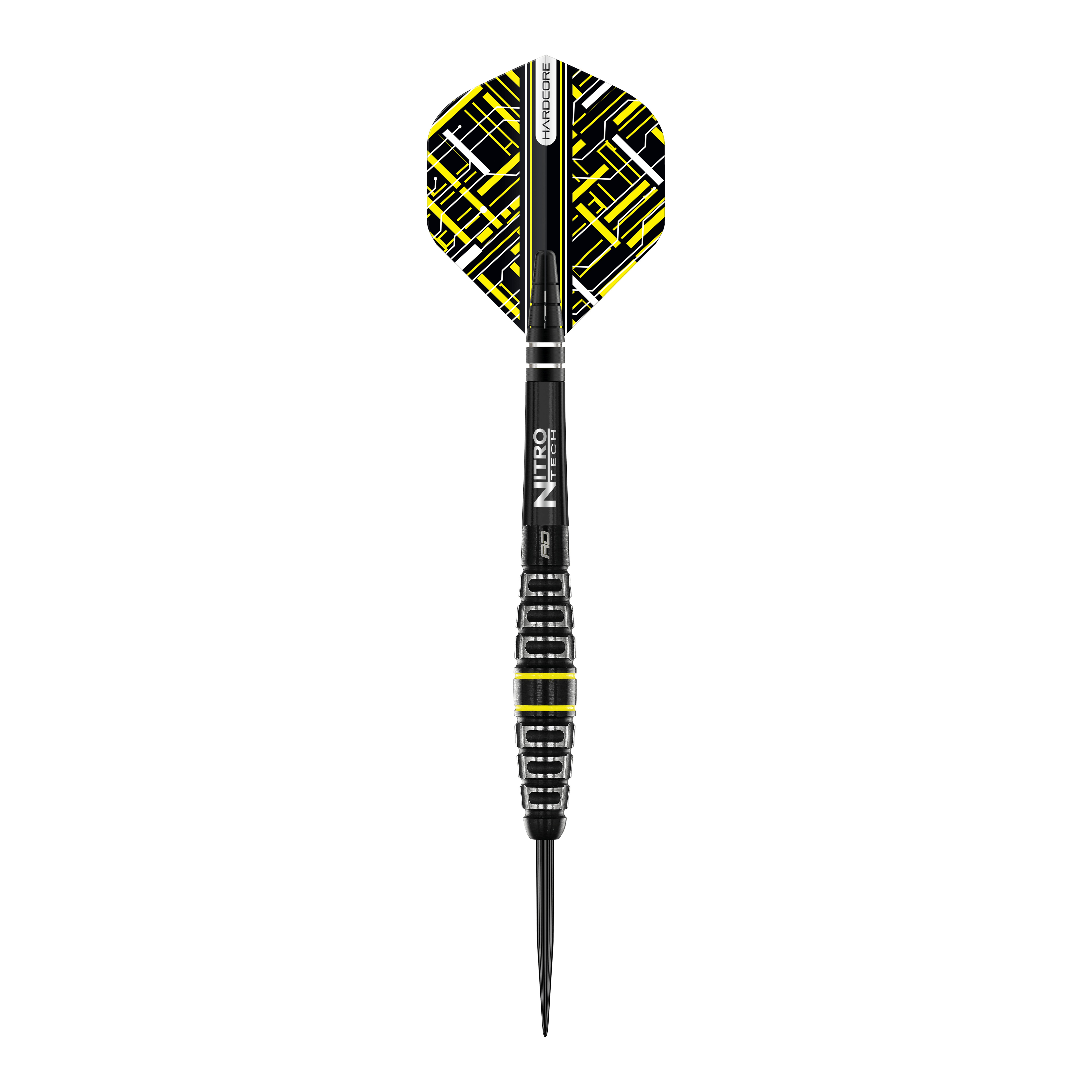 Red Dragon Astraeus Q4X Torpedo Steel Darts Das Bild zeigt einen Red Dragon Astraeus Q4X Torpedo Steeldart. Der Dart ist schwarz mit gelben und weißen Akzenten sowie einem auffälligen Muster auf dem Flight.
