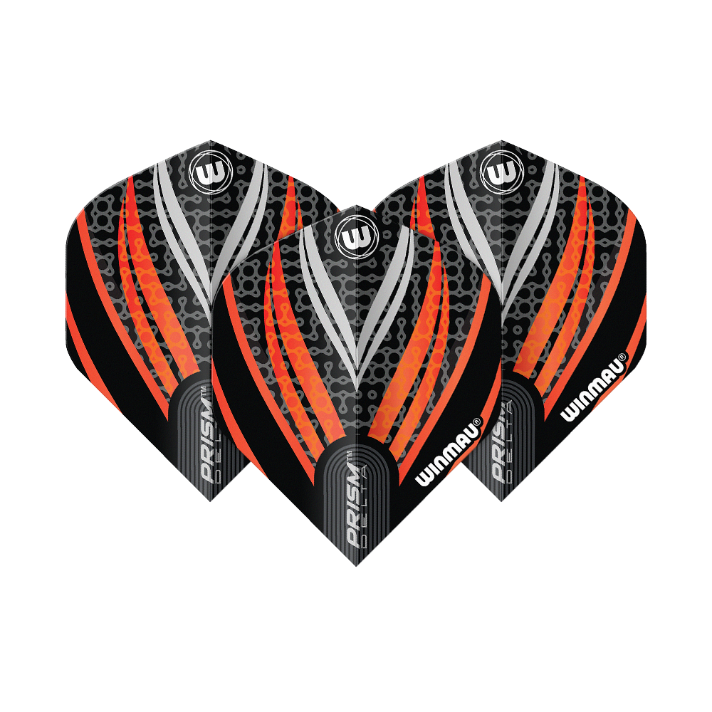 Das Bild zeigt drei Dart-Flights des Modells "Winmau Prism Delta" in Schwarz, Weiß und Orange. Die Flights haben ein modernes Design mit auffälligen orangefarbenen und silbernen Streifen.