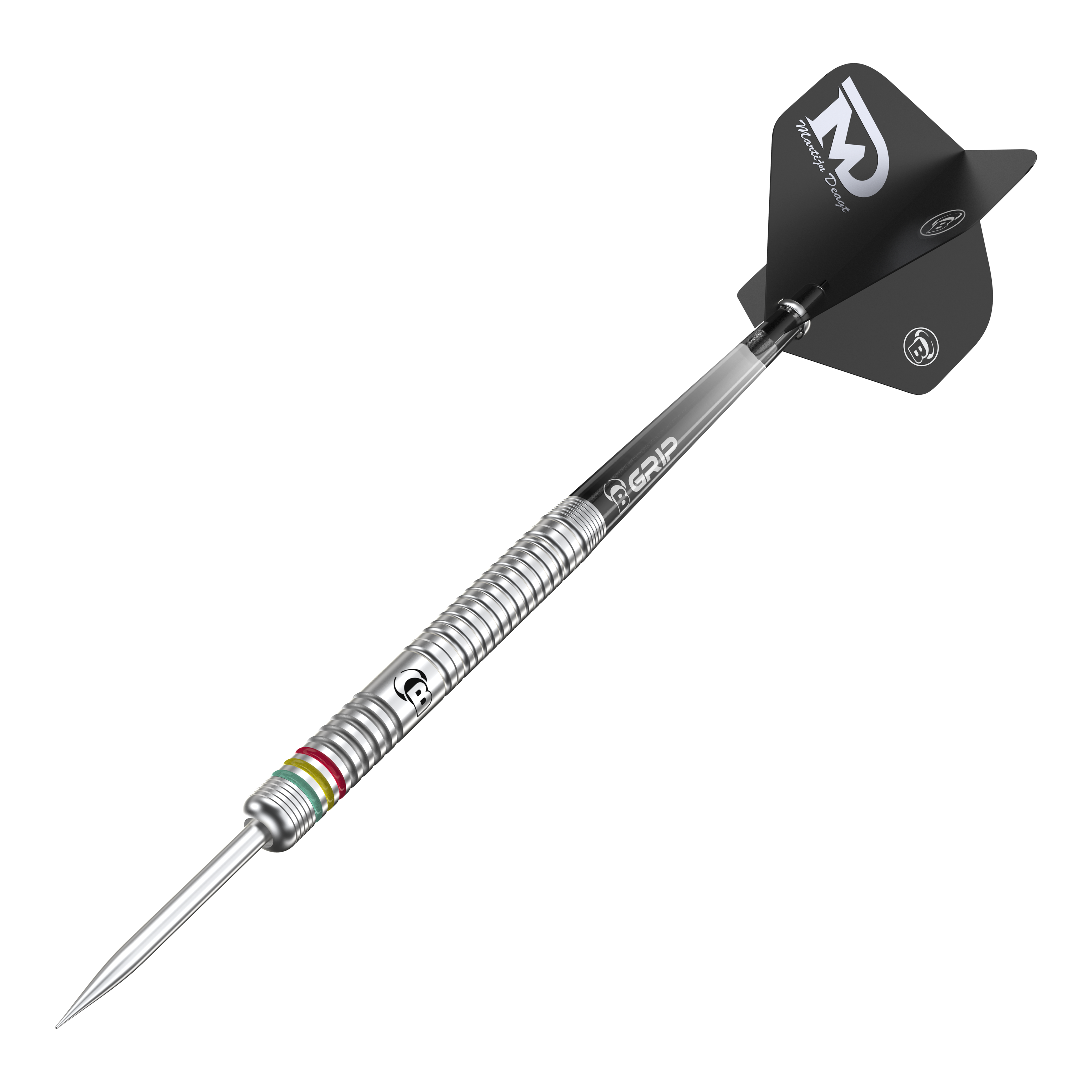 Bulls Martijn Dragt Steel Darts - 24g Auf dem Bild ist ein Bulls Martijn Dragt Steeldart mit einem Gewicht von 24g zu sehen. Der Dartpfeil hat einen silbernen, gerillten Schaft und schwarze Flights mit weißer Aufschrift.