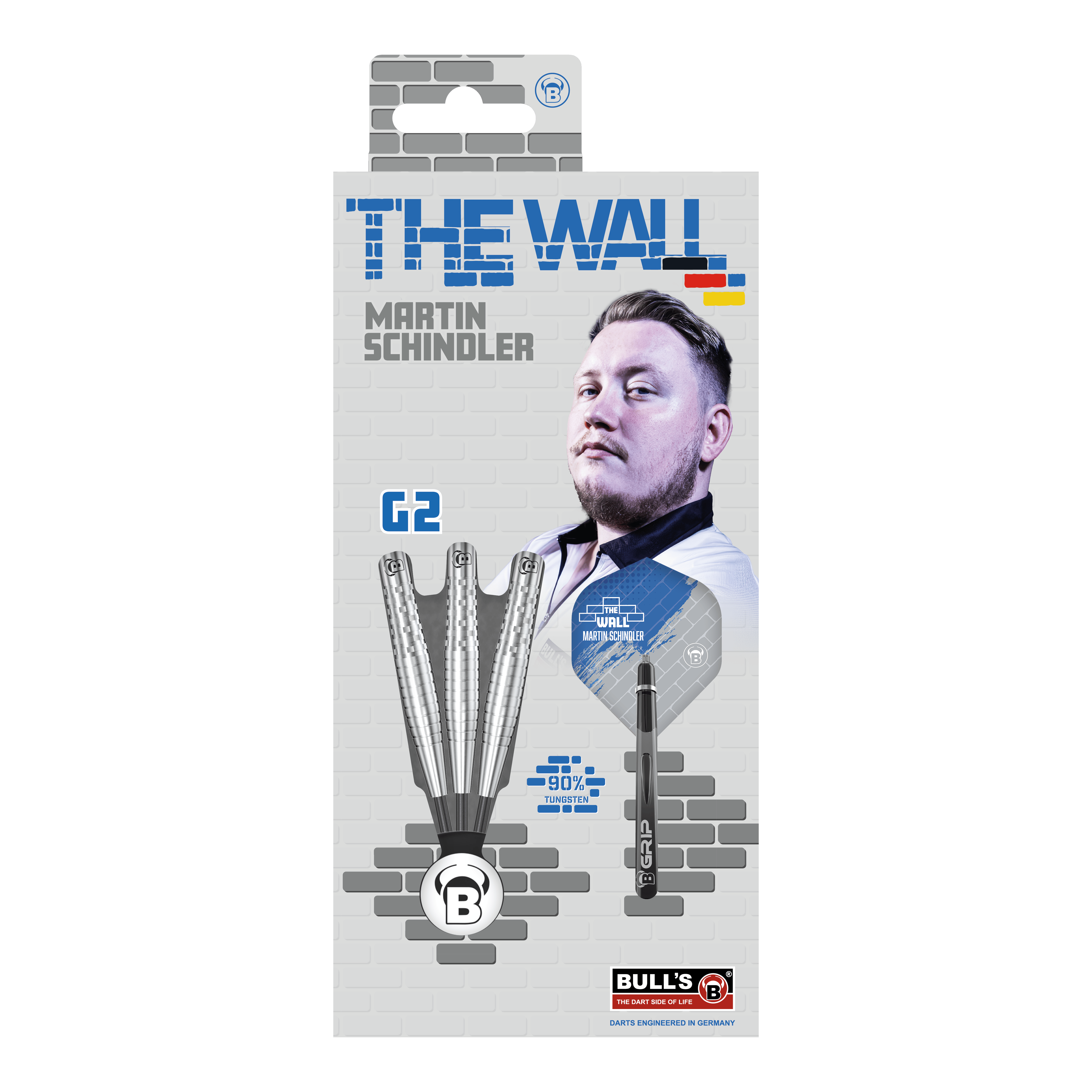 Bulls Martin Schindler Original Generation 2 steel darts Die Verpackung zeigt die "Bulls Martin Schindler Original Generation 2 Steeldarts" mit dem Bild von Martin Schindler. Auf der Vorderseite sind drei Darts und die Aufschrift "THE WALL" sowie "90% Tungsten" abgebildet.