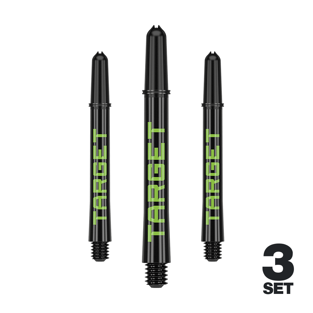 Target Pro Grip TAG Shafts - 3 Sets - Black Green Mehrere Dart-Schäfte mit glatten Linien und dezenter Farbe sind abgebildet. Das Produkt ist ordentlich arrangiert.