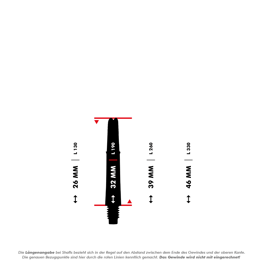 L-L-Style-Shafts Locked Straight - Green Das Bild zeigt eine schematische Darstellung eines Dart-Schafts mit Maßangaben. Es werden verschiedene Längen in Millimetern angegeben, die zwischen den roten Linien gemessen werden.