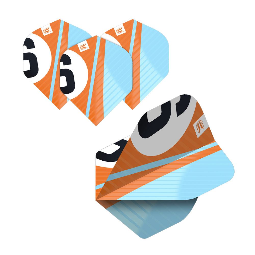 Das Bild zeigt die "Target Pro Ultra Chicane Multipack No2 Standard Flights" in einem Set mit 5 Stück. Die Flights sind in Orange, Blau und Schwarz gestaltet und tragen eine große "6" als Designelement.