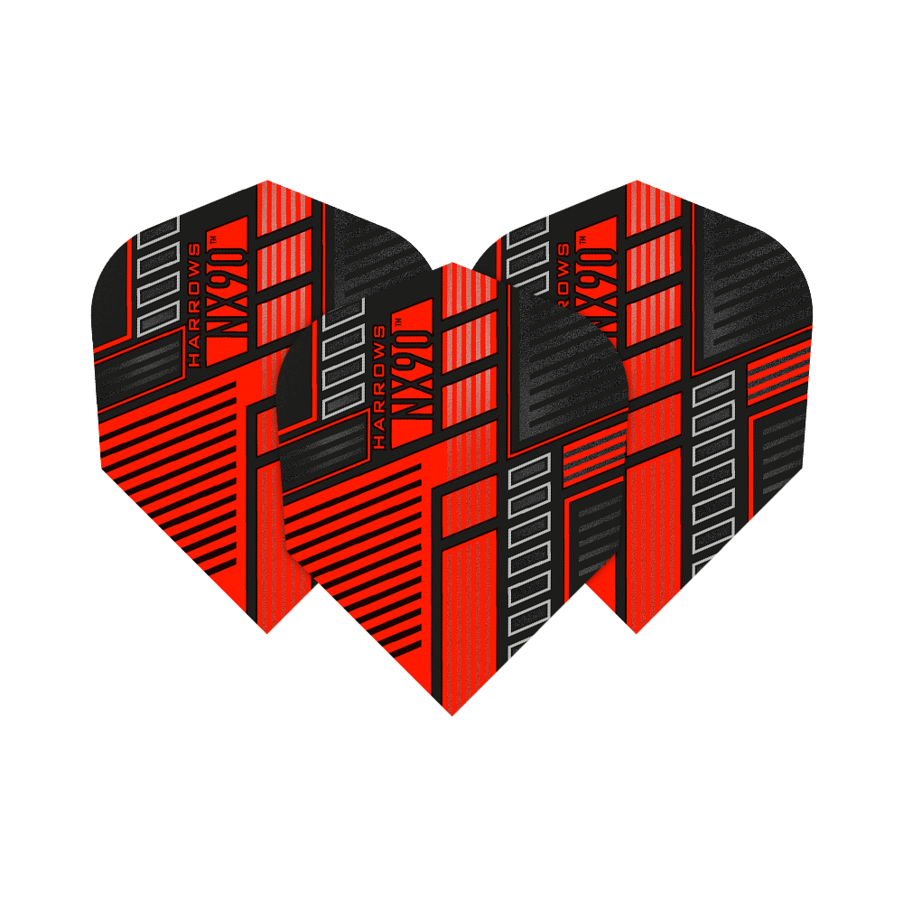 HR50_Harrows_Prime_NX90_Red_No6_Flights_12YIM8FPW2rV3q Das Bild zeigt drei Harrows Prime NX90 Red Flights für Dartpfeile. Die Flights sind rot, schwarz und grau gestaltet und haben ein modernes, grafisches Muster.