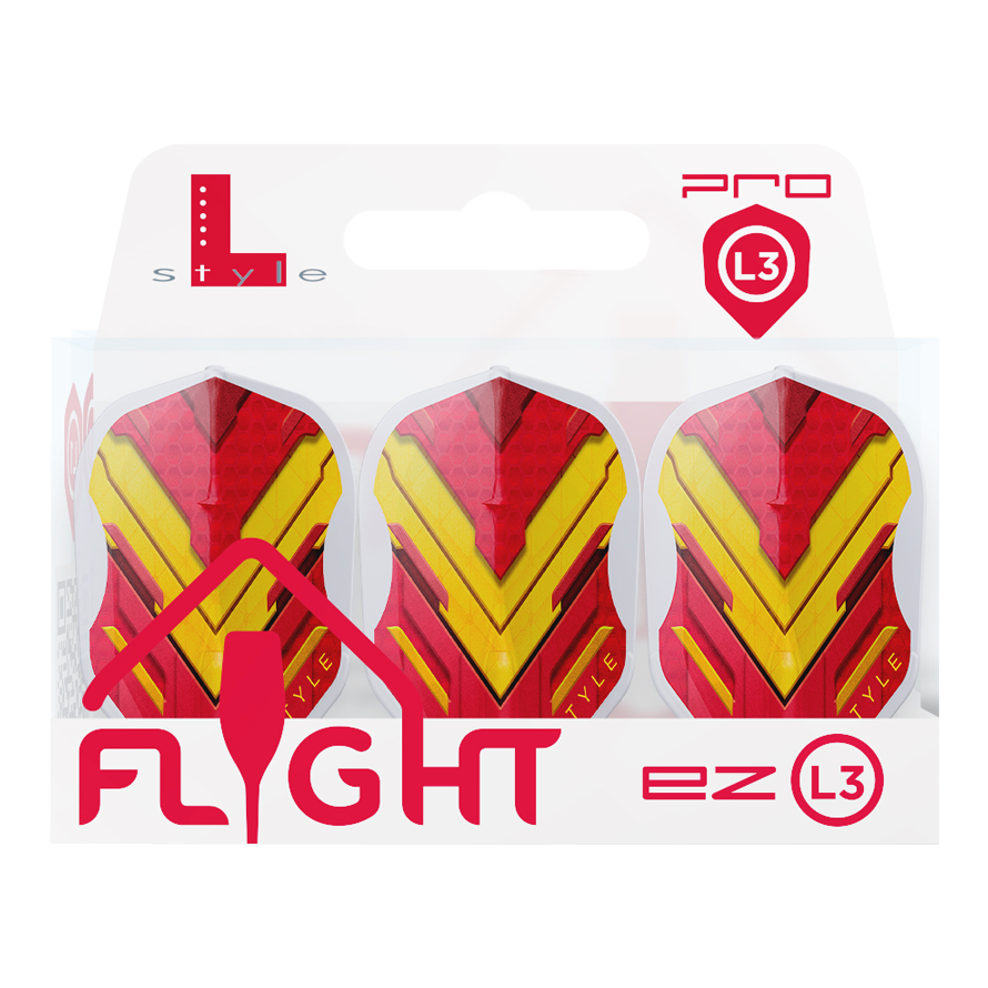 Das Bild zeigt eine Packung mit drei Dart-Flights der Marke L-Style in den Farben Rot und Gelb. Auf der Verpackung steht „FLIGHT ez L3“ und oben rechts ist das Pro L3-Logo zu sehen.