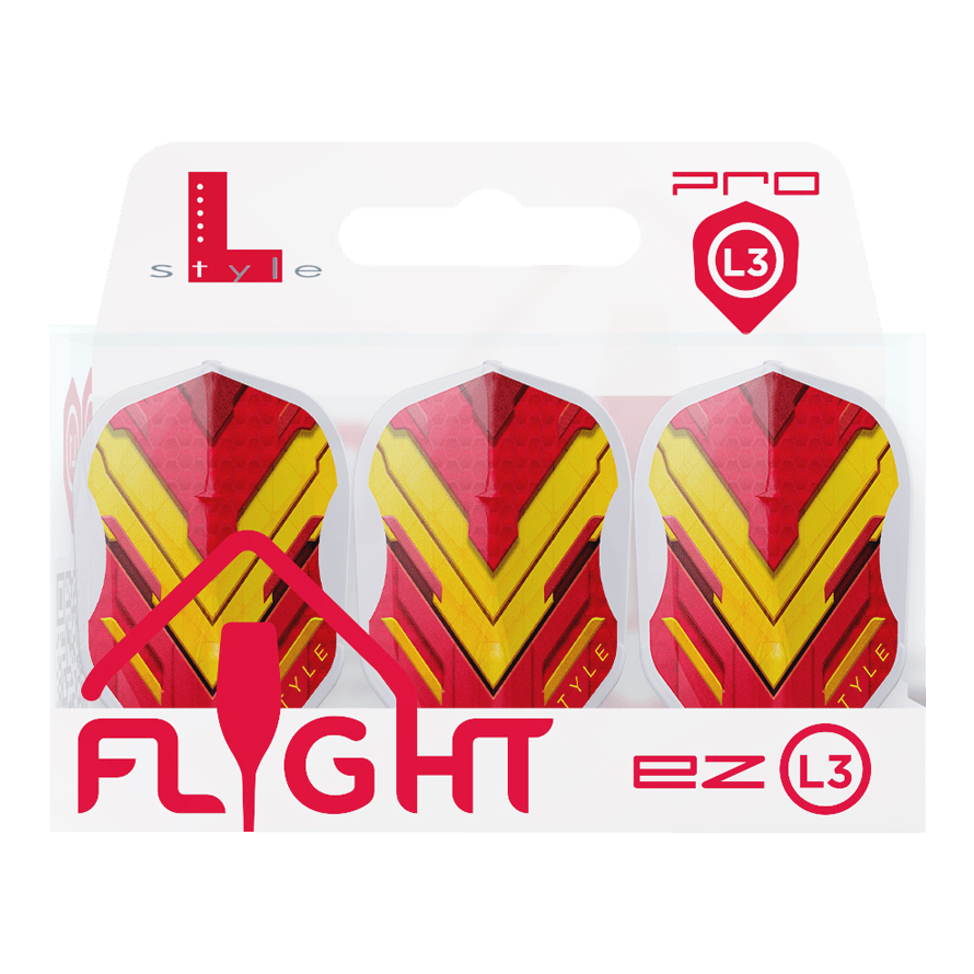 L-Style V-Series V1 Type A Spain Clear White L3EZ Flights Das Bild zeigt eine Packung mit drei Dart-Flights der Marke L-Style in den Farben Rot und Gelb. Auf der Verpackung steht „FLIGHT ez L3“ und oben rechts ist das Pro L3-Logo zu sehen.