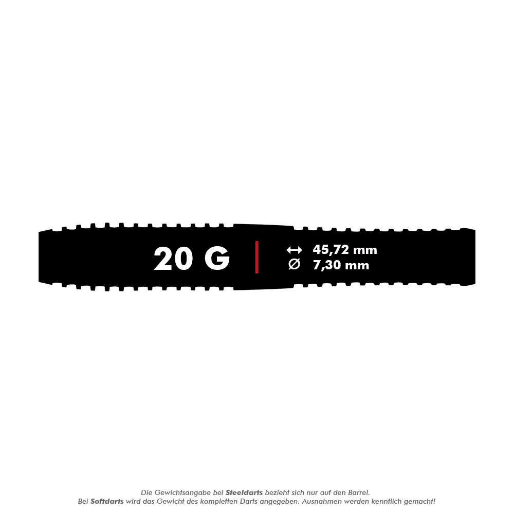 2465_Winmau_Maverick_Softdarts_5_20g Das Bild zeigt die Maße des Winmau Maverick Softdarts mit einem Gewicht von 20 Gramm. Der Dart hat eine Länge von 45,72 mm und einen Durchmesser von 7,30 mm.