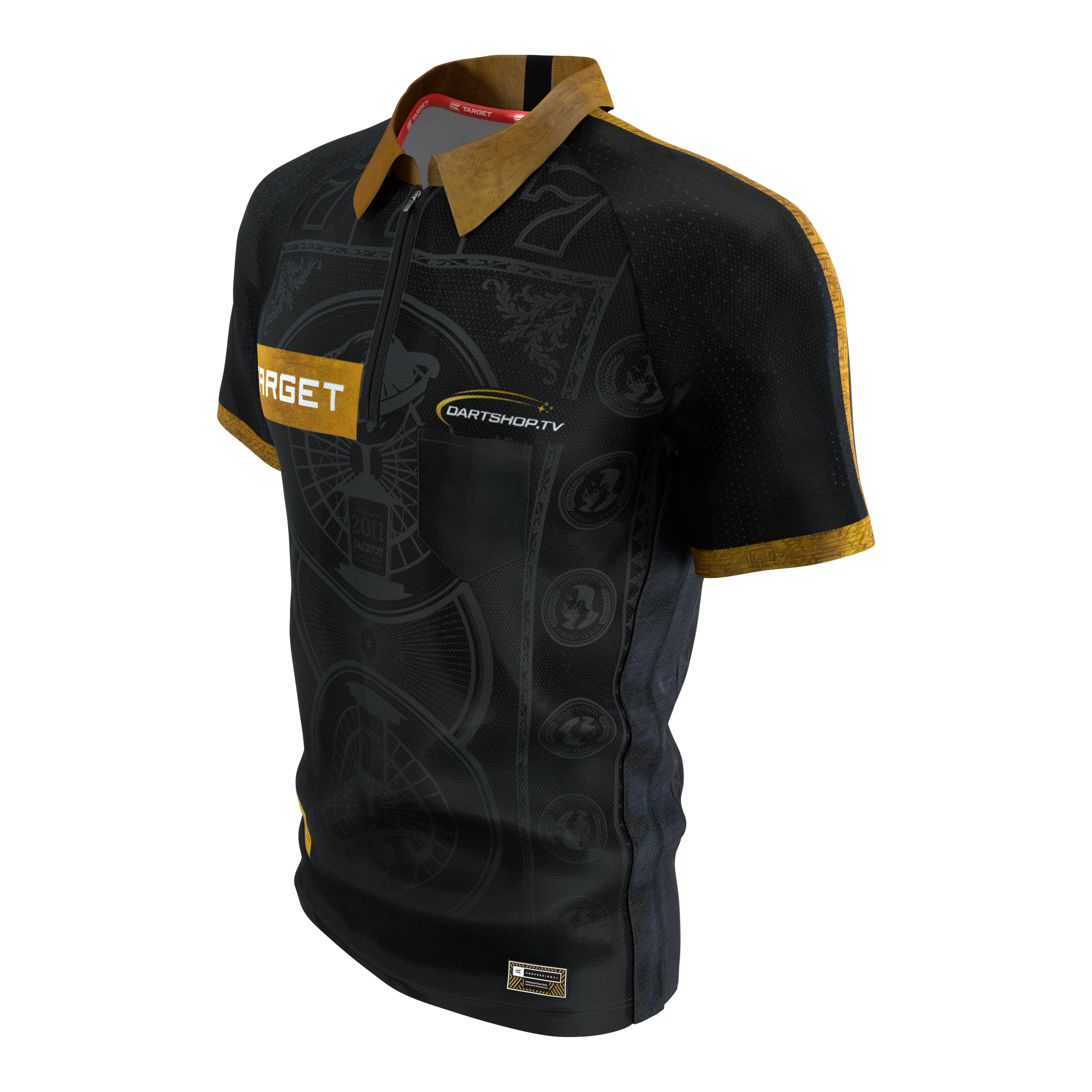 Das Bild zeigt das Target Adrian Lewis Dartshirt 2026. Das Dartshirt ist ein offizielles Sporttrikot mit markantem Design.