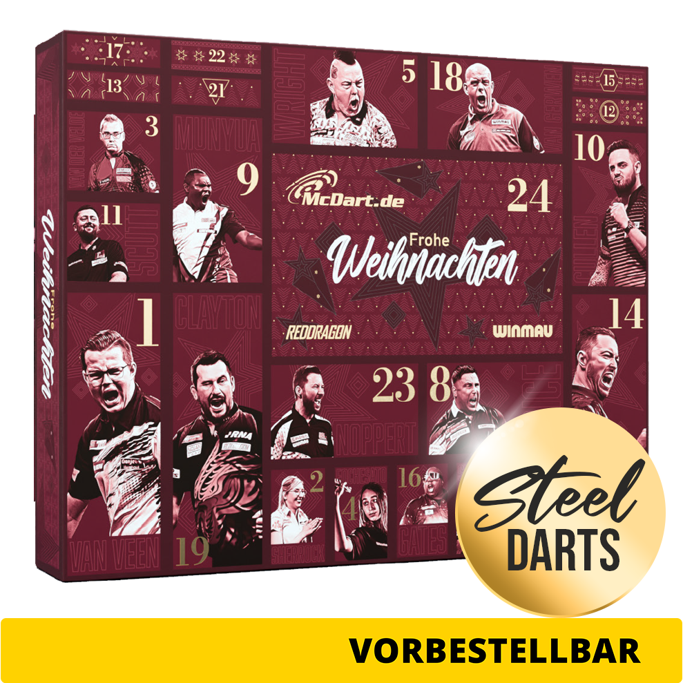 Das Bild zeigt den McDart Premium Adventskalender 2026 für Steeldart-Spieler. Ein tolles Geschenk für alle Dart-Begeisterten.