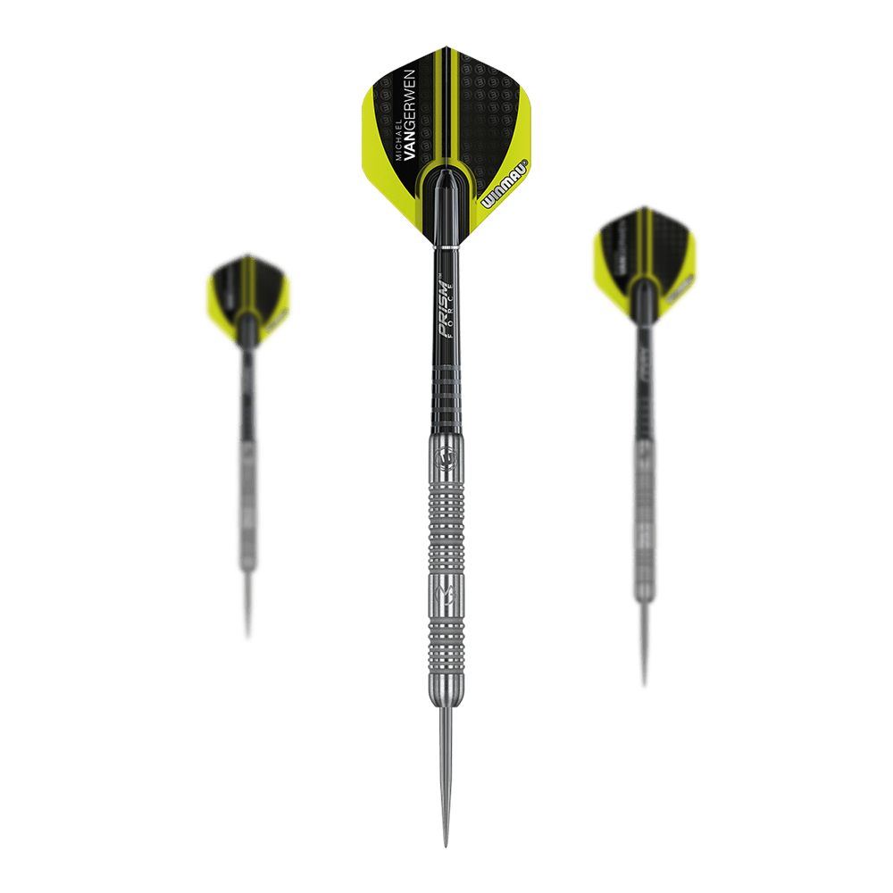 Winmau Michael Van Gerwen MvG Authentic Steeldarts Das Bild zeigt drei Winmau Michael Van Gerwen MvG Authentic Steeldarts. Die Darts haben silberne Spitzen und Schäfte sowie gelb-schwarze Flights mit der Aufschrift „Van Gerwen“.