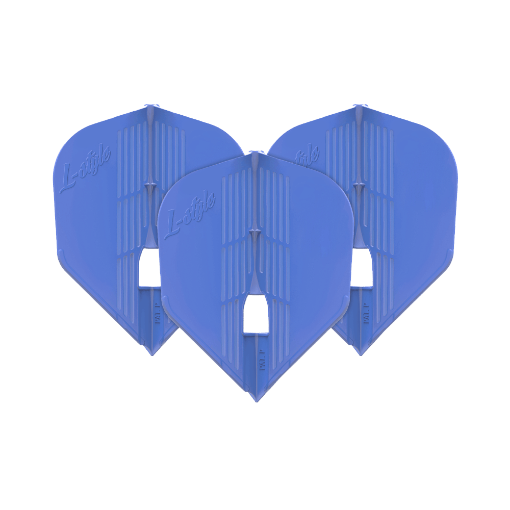 Das Bild zeigt drei blaue Dartflights der Marke L-Style. Sie sind nebeneinander aufgereiht und haben eine moderne, strukturierte Oberfläche.