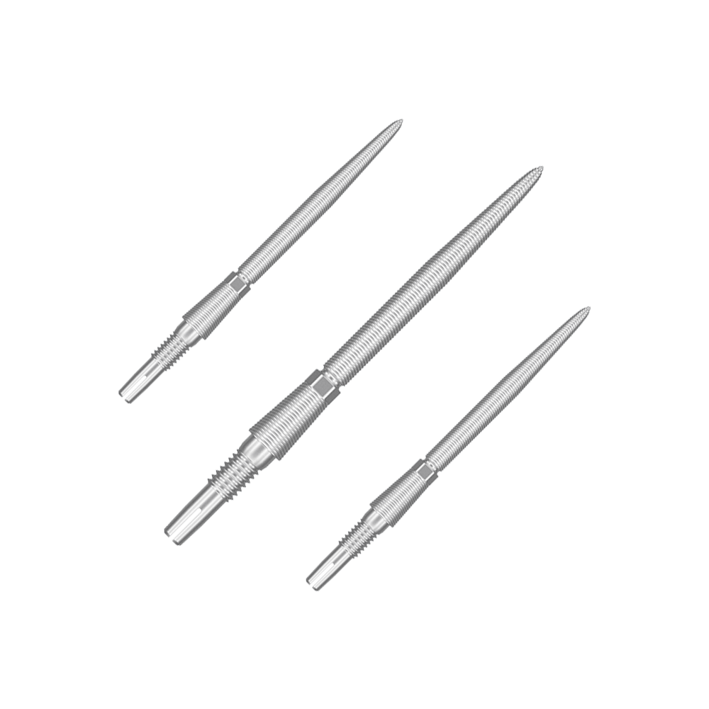 Auf dem Bild sind drei silberne Dartspitzen abgebildet. Sie sind aus Metall und haben eine schlanke, geriffelte Form.