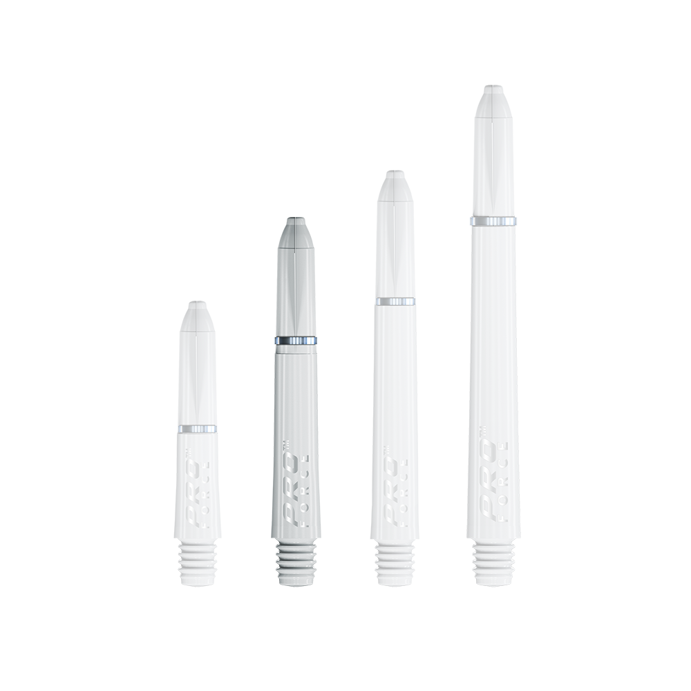 7011_102_Winmau_Pro-Force_Shafts_Weiss_35mm_1 Das Bild zeigt vier weiße Winmau Pro-Force Shafts in verschiedenen Längen. Sie sind nebeneinander angeordnet und heben sich auf weißem Hintergrund ab.
