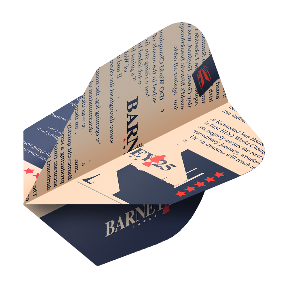 Target ProUltra Raymond Van Barneveld Barney25 No6 Flights Das Bild zeigt einen Target ProUltra Raymond Van Barneveld Barney25 No6 Dartflight. Das Design ist in Blau und Beige gehalten und enthält Text sowie Sterne und den Namen "Barney25".