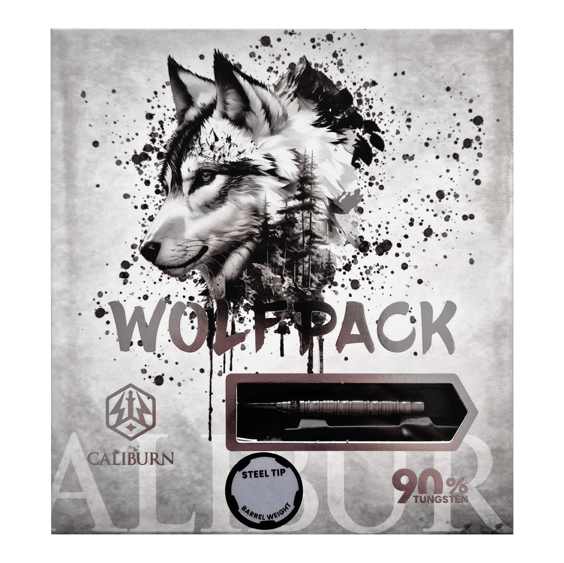 Abgebildet ist das Produkt Caliburn Wolfpack W5 Steeldarts - 22g. Es handelt sich um hochwertige Steeldarts für Präzisionswürfe.