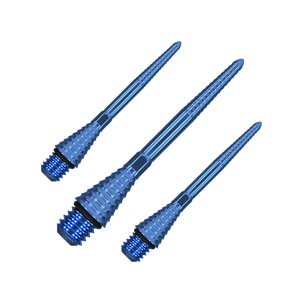 380177_Target_Titanium_Swiss_Point_Grooved_Conversion_Points_Blau_30mm_1 Das Bild zeigt drei blaue, gerillte Dartspitzen mit Schraubgewinde. Sie sind aus Metall gefertigt und haben eine schlanke, konische Form.