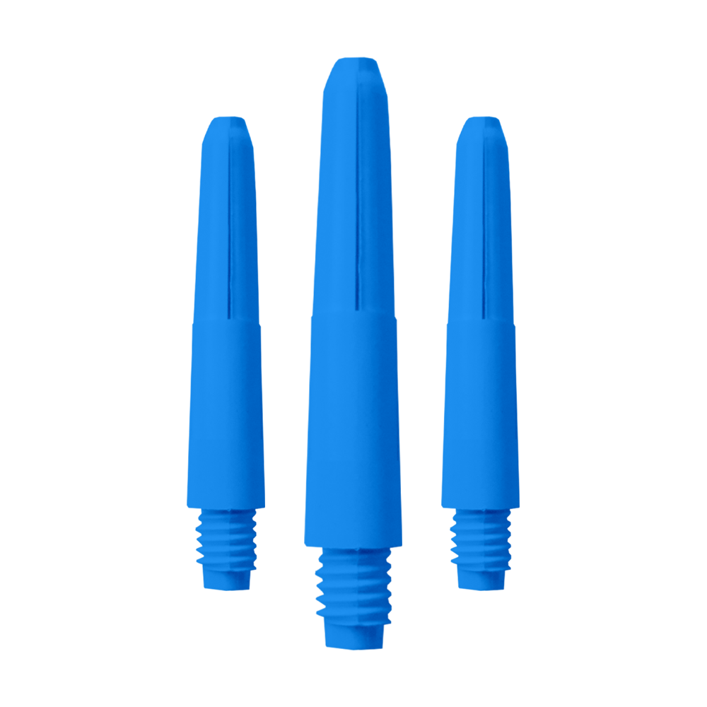 572_Nylon_Shafts_Blau_28mm_1 Das Bild zeigt drei blaue Nylon Shafts. Sie sind für Dartpfeile geeignet und haben ein Schraubgewinde am unteren Ende.