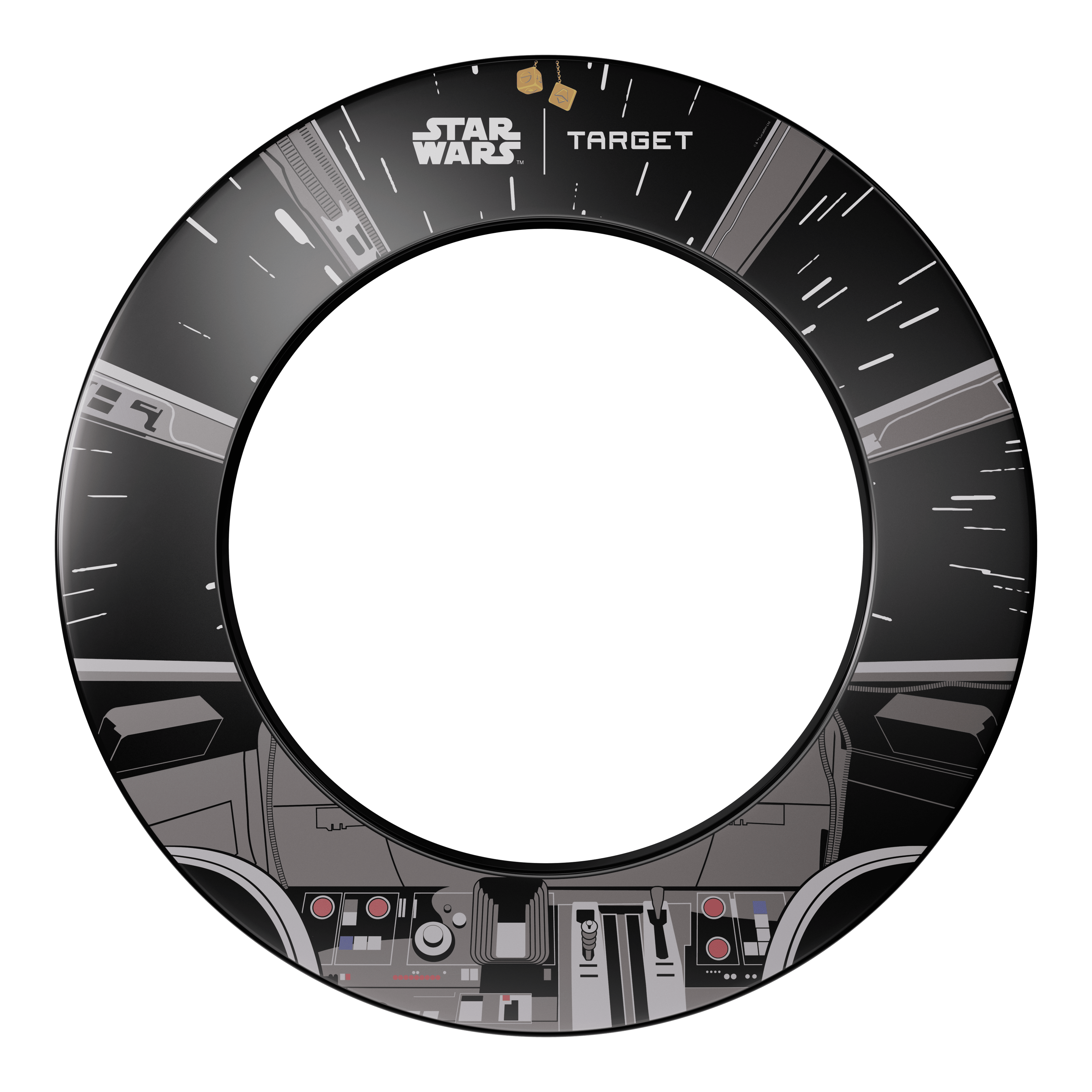 Target Star Wars Millennium Falcon TOR Dartboard Surround Bundle Dieses Bild stellt das Target Star Wars Millennium Falcon Surround Board Bundle dar. Das Design kombiniert klassische Dartscheiben mit Details des Millennium Falcon aus Star Wars.