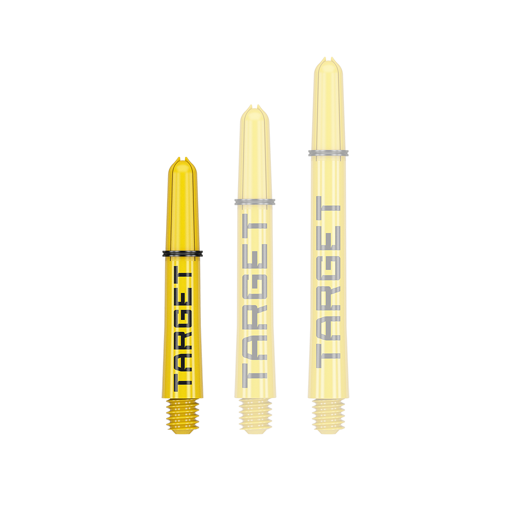 Target Pro Grip TAG Shafts - 3 Sets - Yellow Das Bild zeigt drei gelbe Dartschäfte in unterschiedlicher Länge. Auf jedem Schaft steht das Wort "TARGET" in schwarzer Schrift.