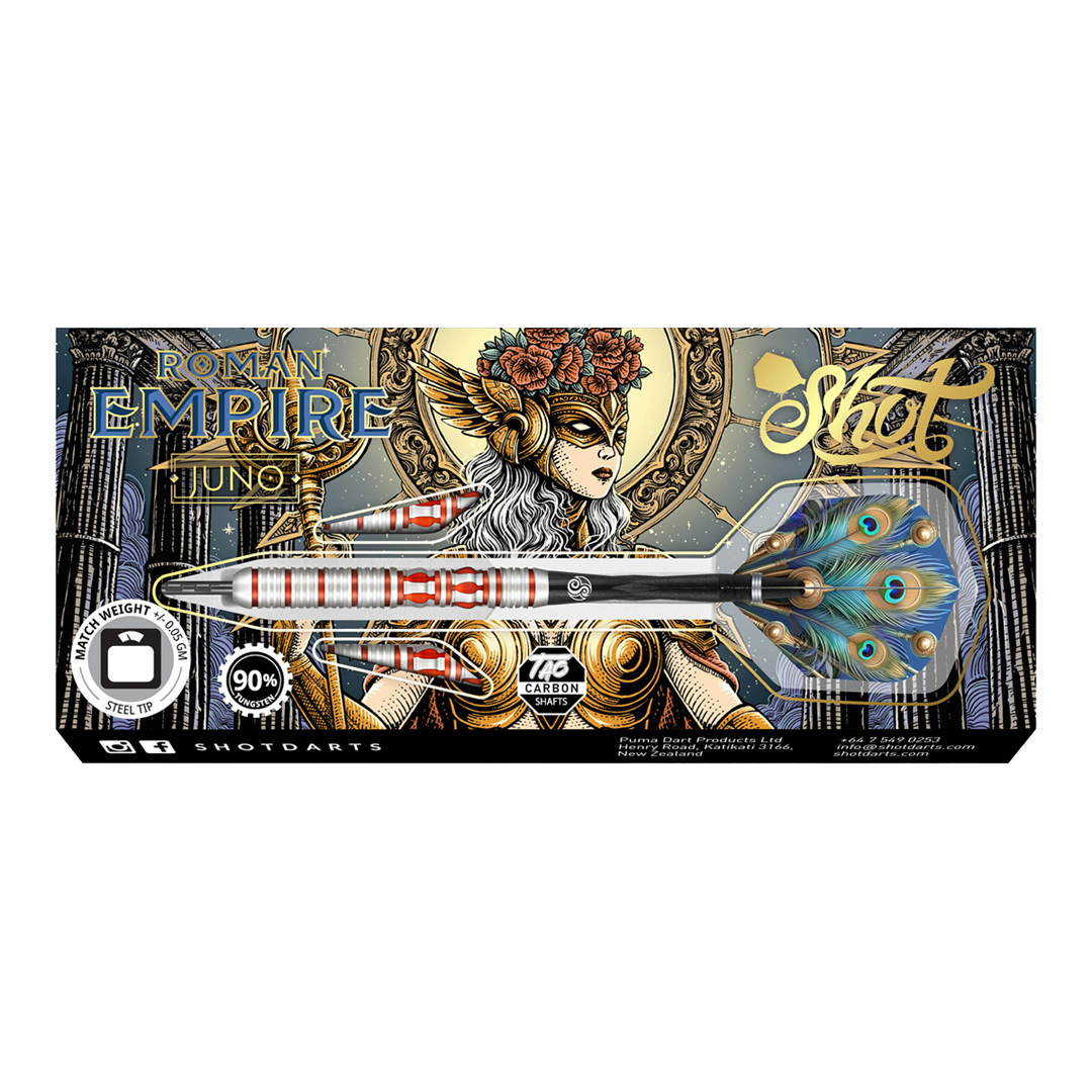 Shot Roman Empire Juno steel darts Das Bild zeigt die Verpackung der "Shot Roman Empire Juno Steeldarts". Auf der Verpackung ist eine kunstvoll gezeichnete Frau mit Helm und Flügeln sowie die Darts mit auffälligen, bunten Flights abgebildet.