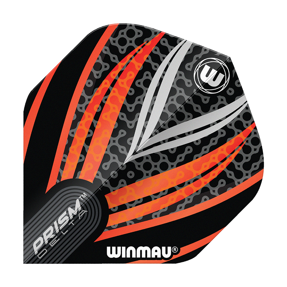 Das Bild zeigt ein Dart-Flight der Marke Winmau mit dem Namen "Prism Delta Schwarz Weiß Orange No2 Standard Flights". Das Design besteht aus schwarzen, weißen und orangefarbenen Streifen mit einem modernen Muster.