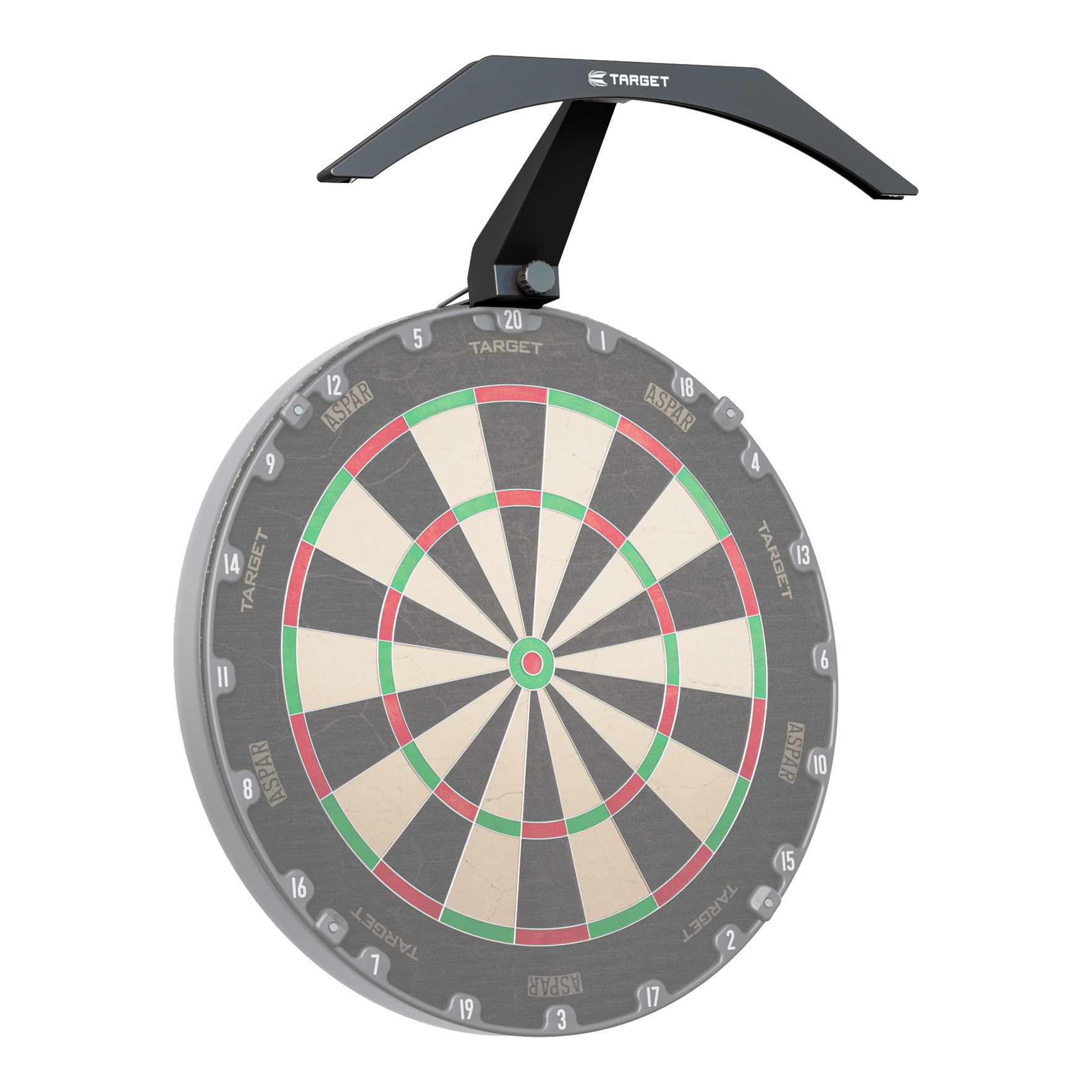 Target ARC V2 Dartboard Lighting Das Bild zeigt eine Dartscheibe mit der Target ARC V2 Dartboard Beleuchtung darüber. Die Beleuchtung sorgt für eine gleichmäßige Ausleuchtung der gesamten Spielfläche.