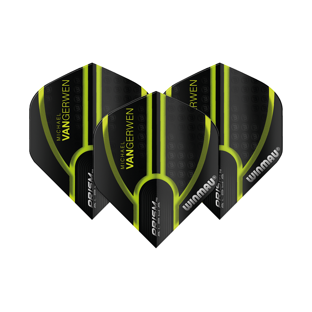 Das Bild zeigt drei schwarze und grüne Dartflights mit dem Aufdruck "Michael van Gerwen" und "Winmau". Es handelt sich um das Produkt "Winmau Prism Alpha MvG Black Green V1 Standard Flights".