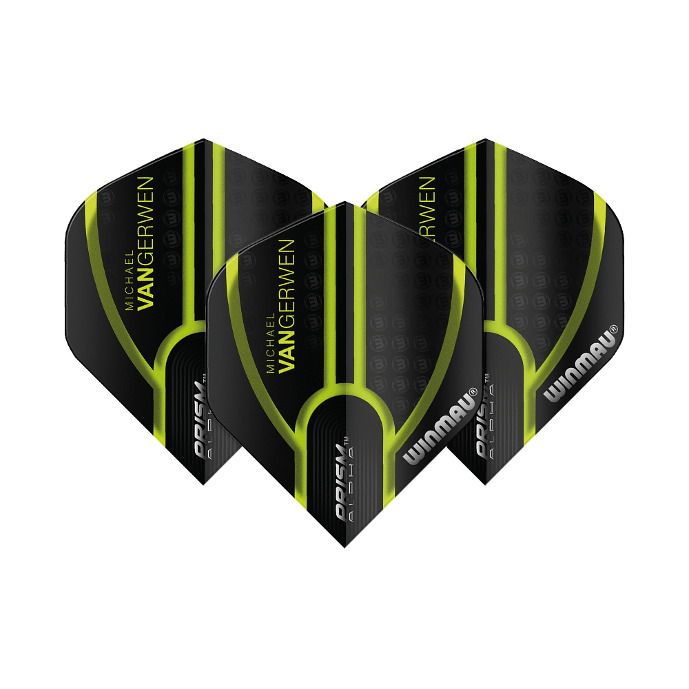 6915-143_Winmau_Prism_Alpha_MvG_Black_Green_V1_Standard_Flights_1dQZFRZdLARkiM Das Bild zeigt drei schwarze und grüne Dartflights mit dem Aufdruck "Michael van Gerwen" und "Winmau". Es handelt sich um das Produkt "Winmau Prism Alpha MvG Black Green V1 Standard Flights".
