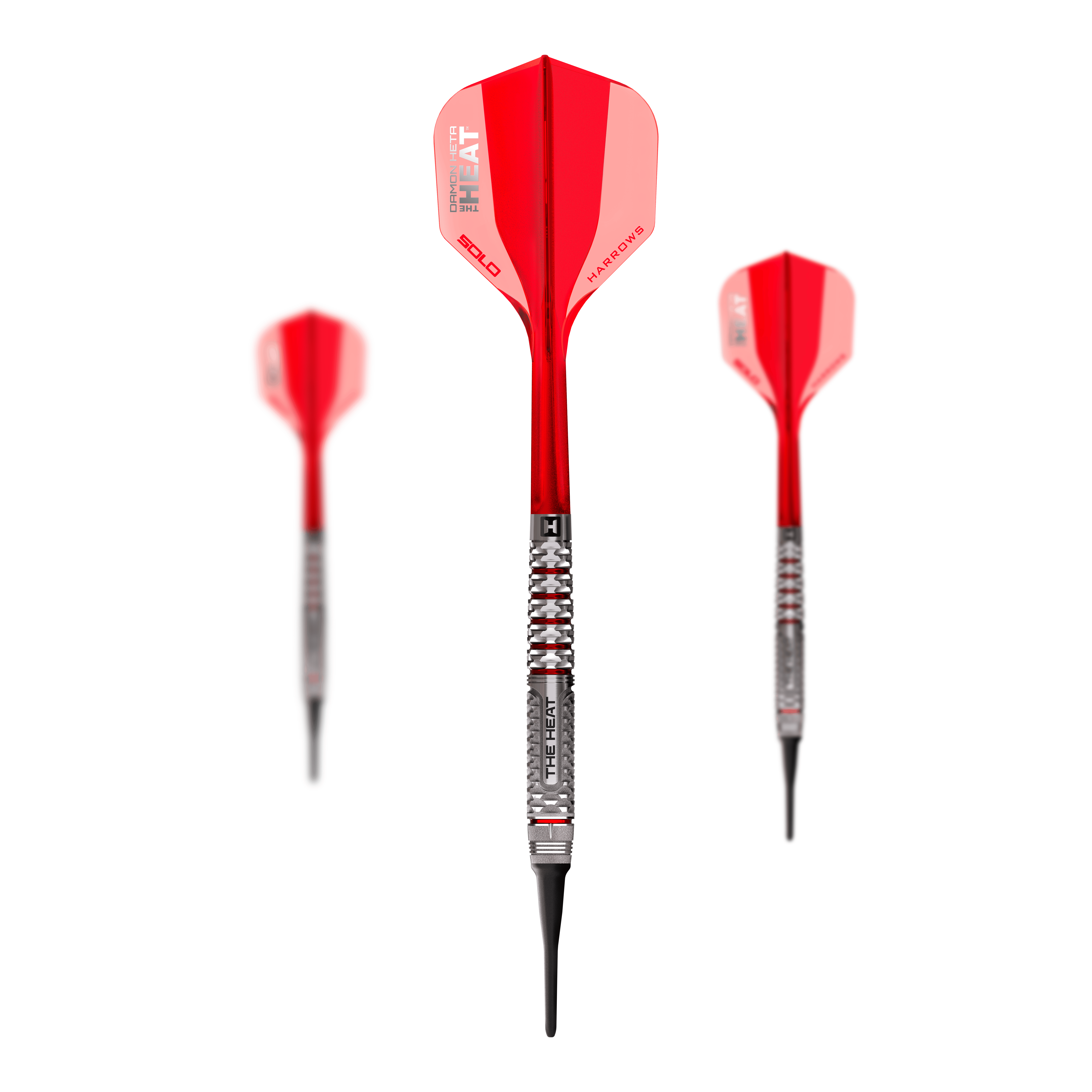 Harrows Damon Heta Geo Softdarts mit 18g sind im Set präsentiert. Das Set wirkt vollständig und einheitlich.
