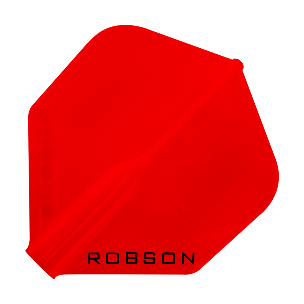 Robson Plus Standard Flights Das Bild zeigt ein rotes Dart-Flight mit der Aufschrift „ROBSON“. Das Flight hat eine standardmäßige, sechseckige Form.