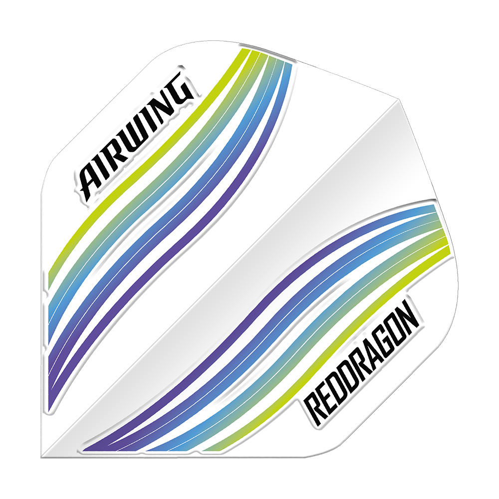 Red Dragon Airwing Blue Wave Standard Flights Das Bild zeigt das Produkt "Red Dragon Airwing Blue Wave Standard Flights". Es hat ein weißes Design mit blauen, grünen und violetten Wellenlinien sowie den Aufschriften "AIRWING" und "REDDRAGON".