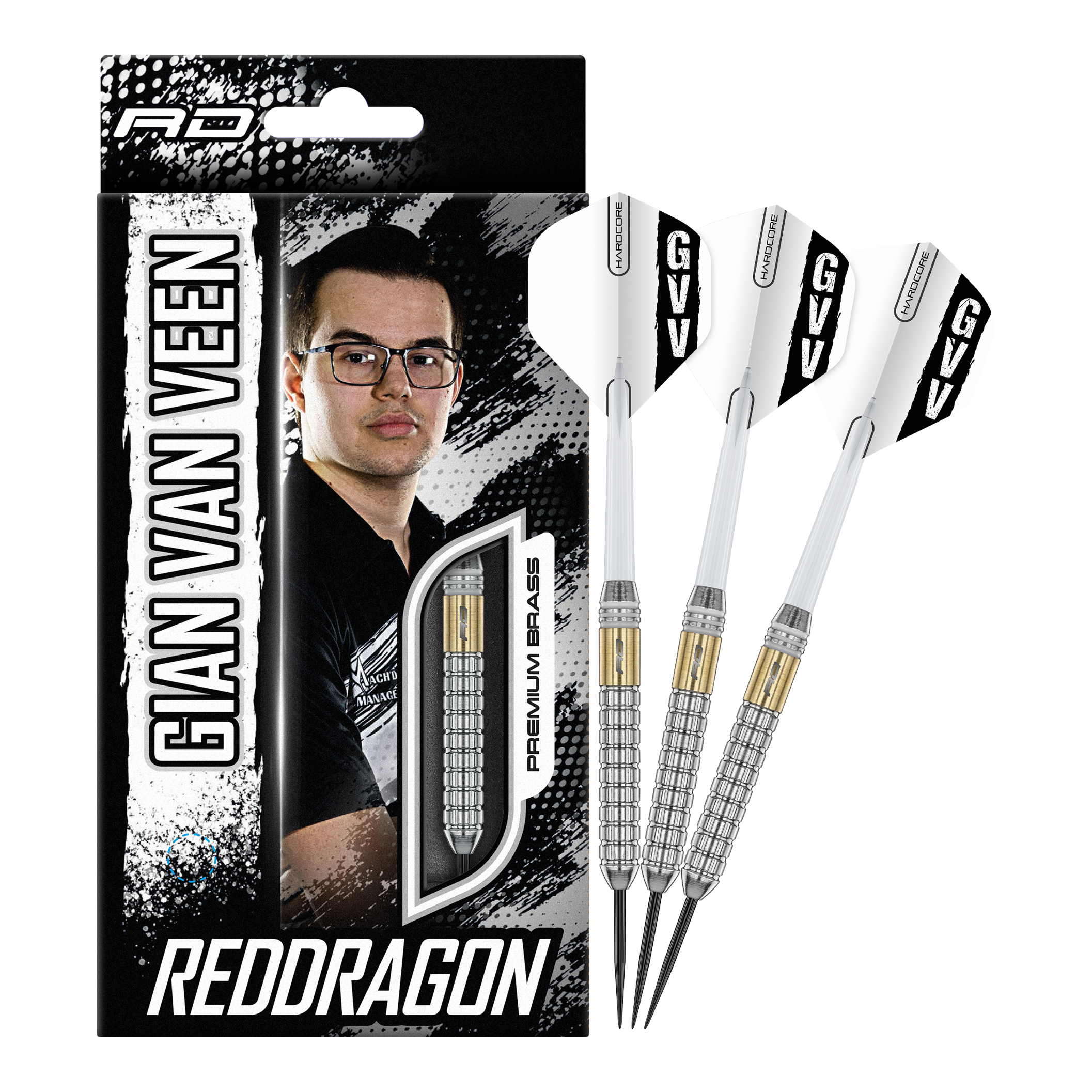 Red Dragon Gian Van Veen Brass Steeldarts - 21 g Zu sehen sind die kompletten Red Dragon Gian Van Veen Brass Steeldarts mit 21 g. Dieses Produkt eignet sich für Steeldartspiele auf Wettkampfniveau.