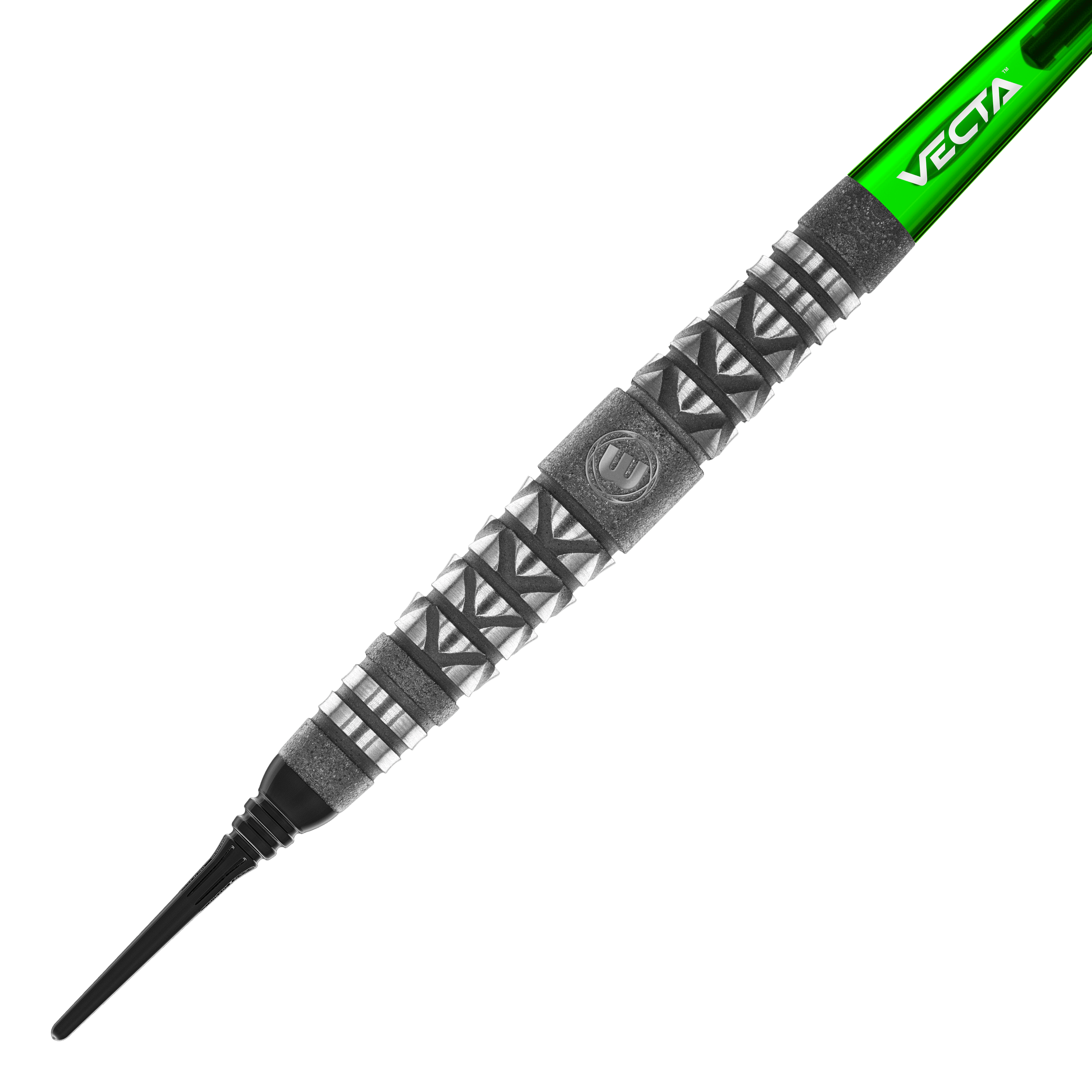 Winmau Simon Whitlock Atomized Grip Soft Darts Das Bild zeigt einen Winmau Simon Whitlock Atomised Grip Softdart. Der Dart hat ein auffälliges Griffmuster und einen grünen Schaft mit der Aufschrift "VECTA".