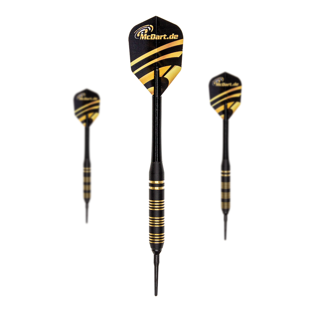 Royal Softdarts - 17g Das Bild zeigt drei Royal Softdarts mit einem Gewicht von 17g. Die Darts sind schwarz mit goldenen Ringen und haben Flights mit dem Logo "McDart.de".